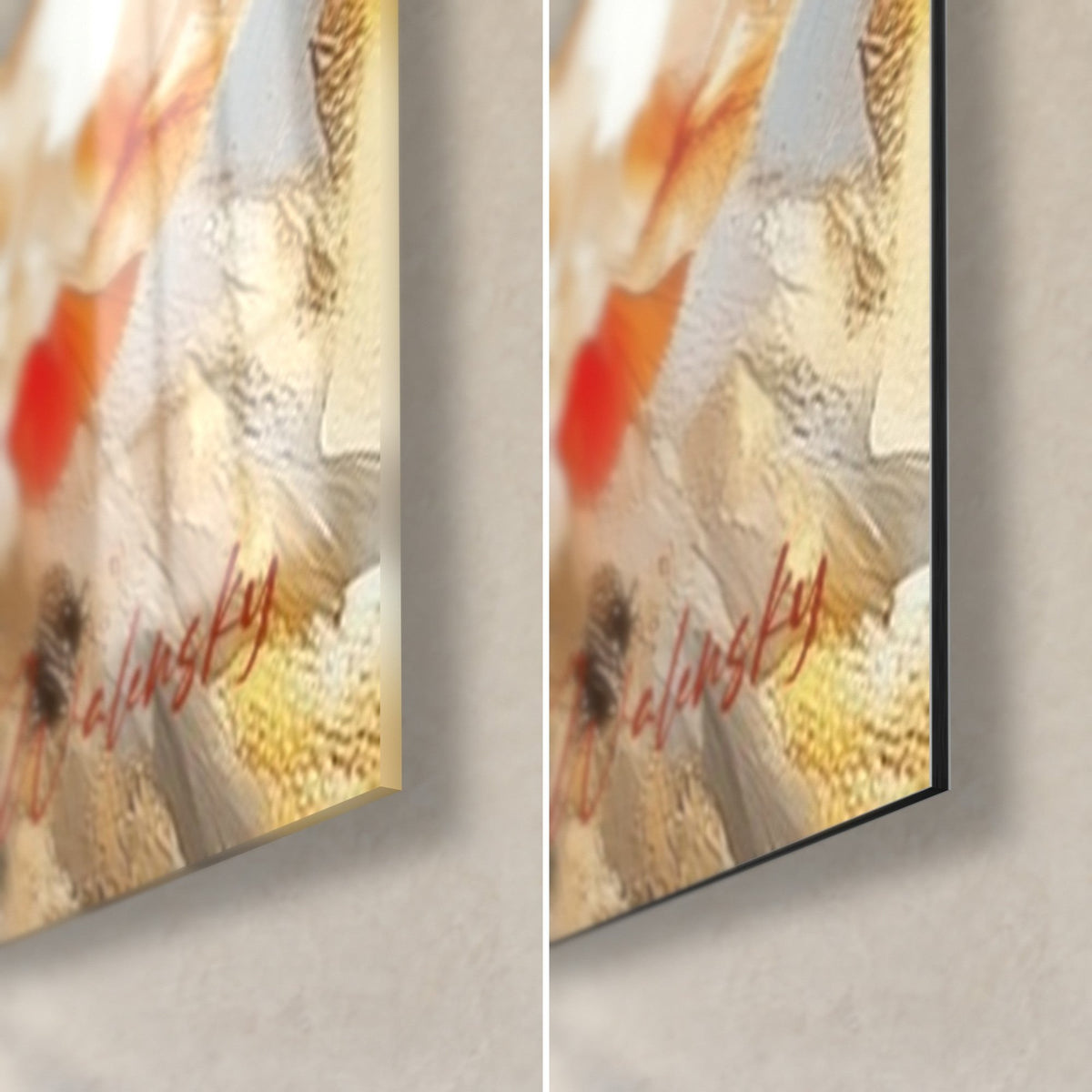 Gemälde Widder in Gold und Weiß, untere rechte Ecke: glänzendes Acrylglas links, mattschwarzes Alu-Dibond rechts, 3 mm Kante