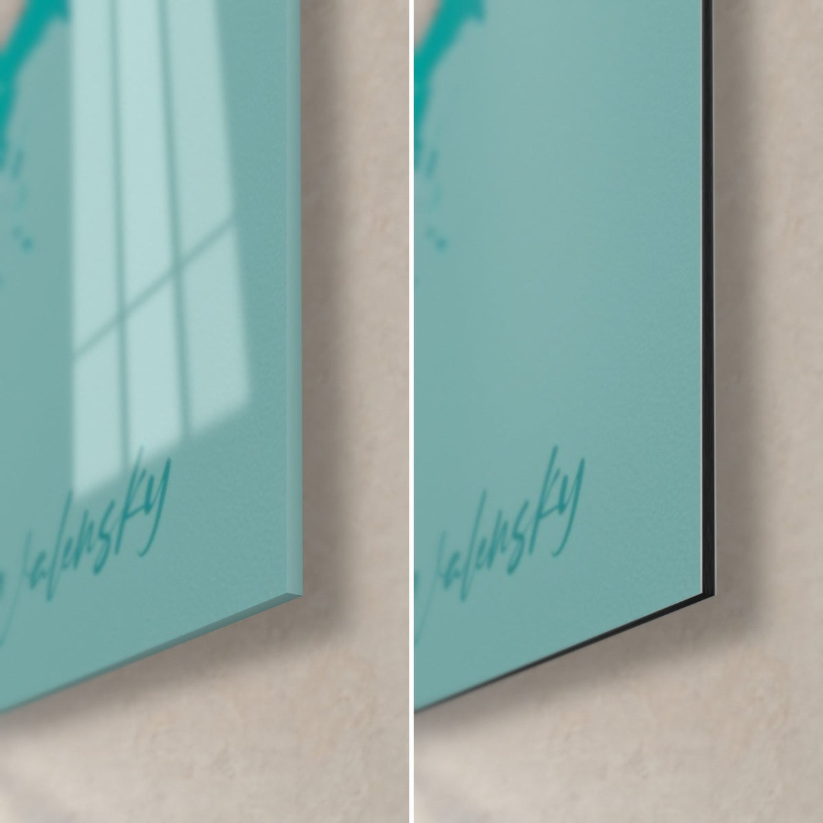 Schilderij ram in turquoise en fuchsia, rechteronderhoek: glanzend acrylglas links, mat zwart Dibond rechts, rand van 3 mm