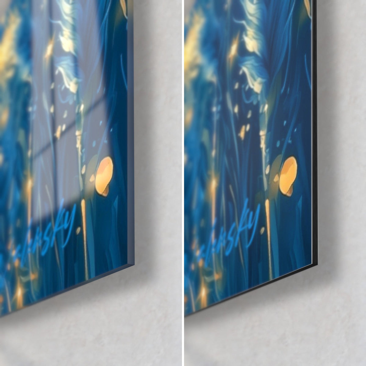 Cuadro carnero en azul y dorado, esquina inferior derecha: cristal acrílico brillante a la izquierda, aluminio Dibond mate a la derecha, borde negro