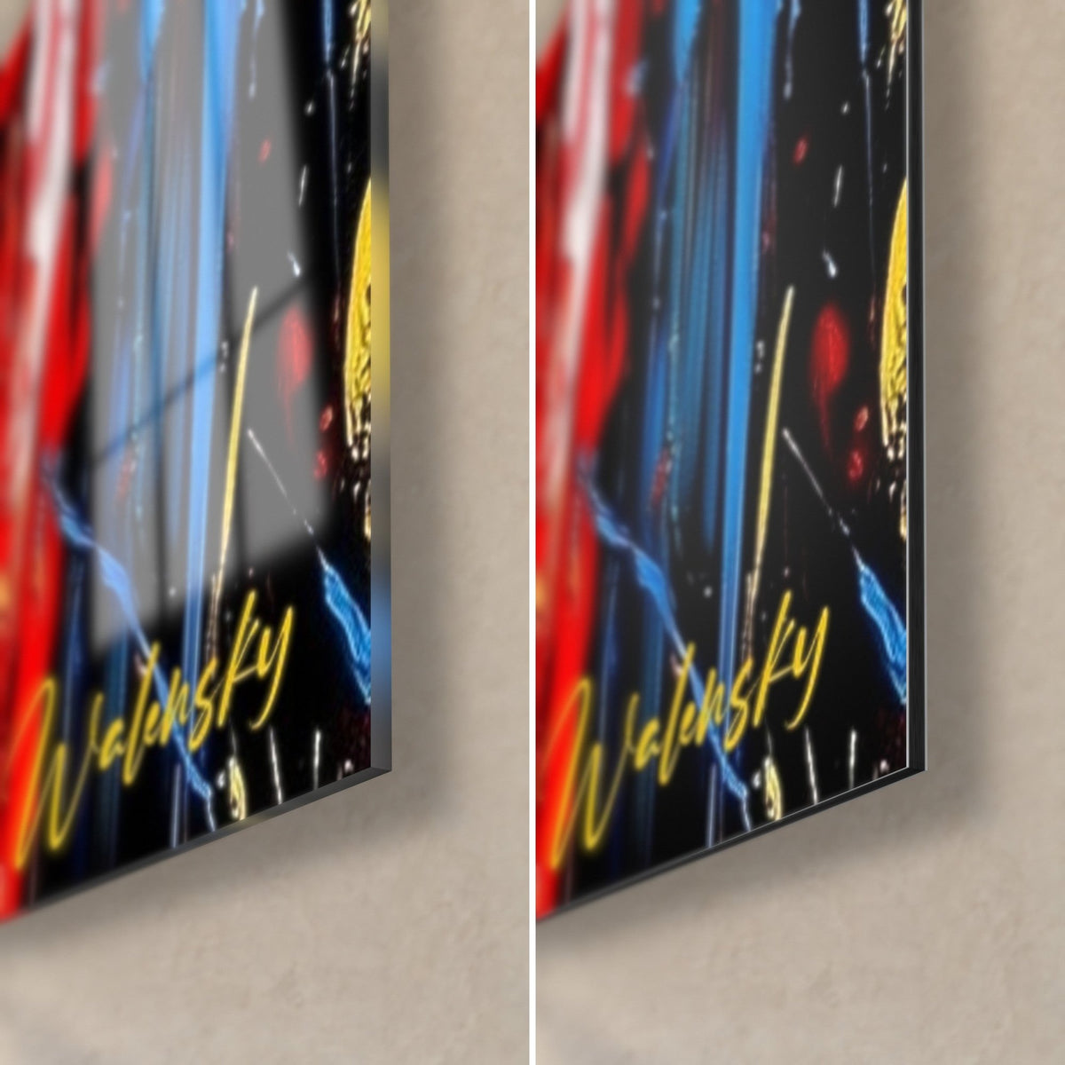 Tableau bélier rouge et bleu, coin bas droit en verre brillant et alu Dibond mat, signature jaune, tranche de 3 mm