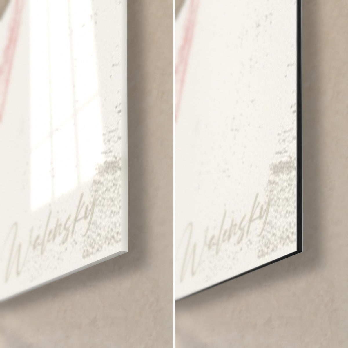 Tableau bélier rouge et blanc, coin bas droit : verre acrylique brillant à gauche, Dibond noir mat à droite, signature Walensky