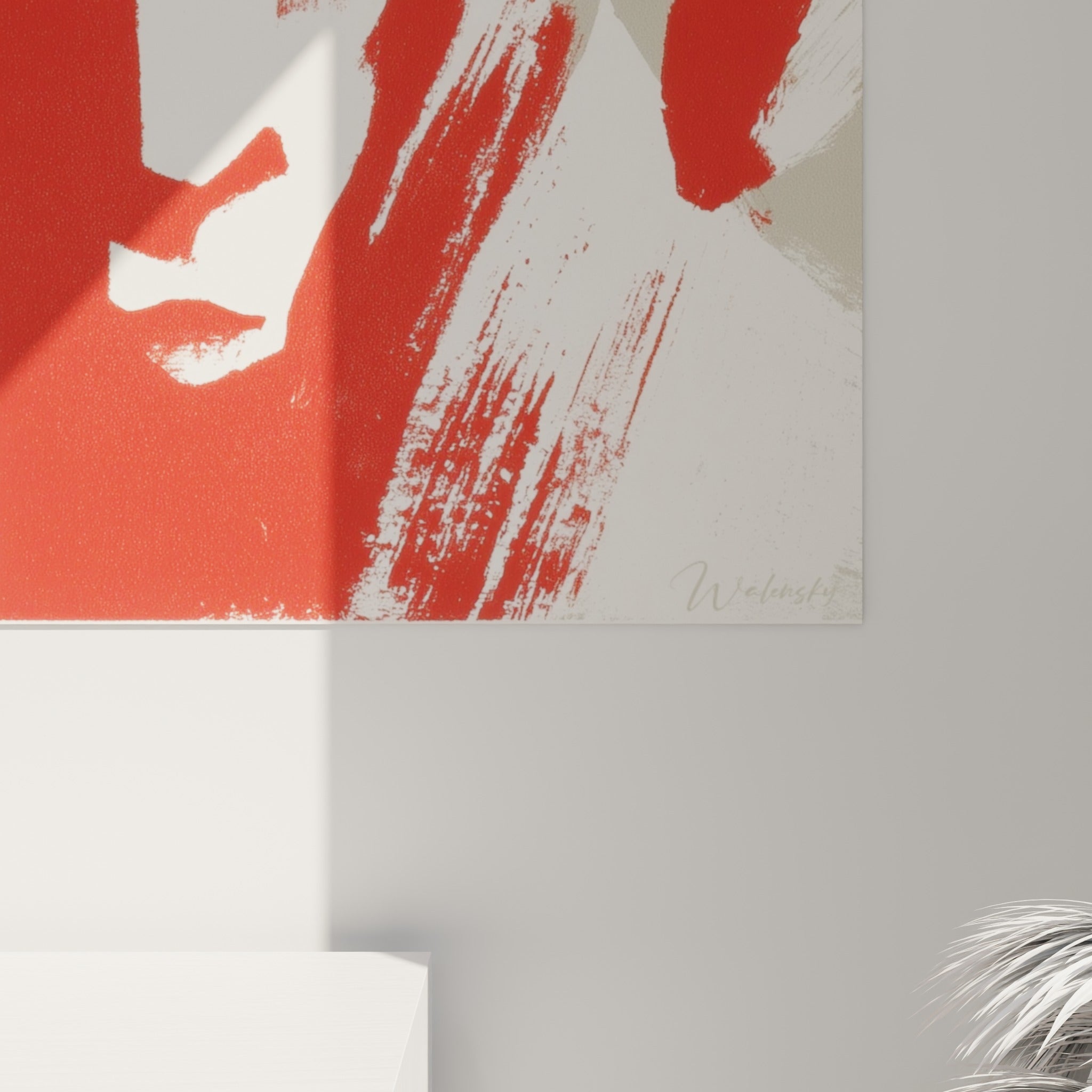 Matière du pinceau visible en rouge vif et beige poudré, coulures et empâtements se croisant sur la toile