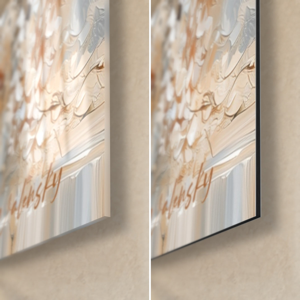 Gemälde Widder in Elfenbein und Ocker, untere rechte Ecke: glänzendes Acrylglas links, matte Dibond-Alu rechts, 3 mm Kante