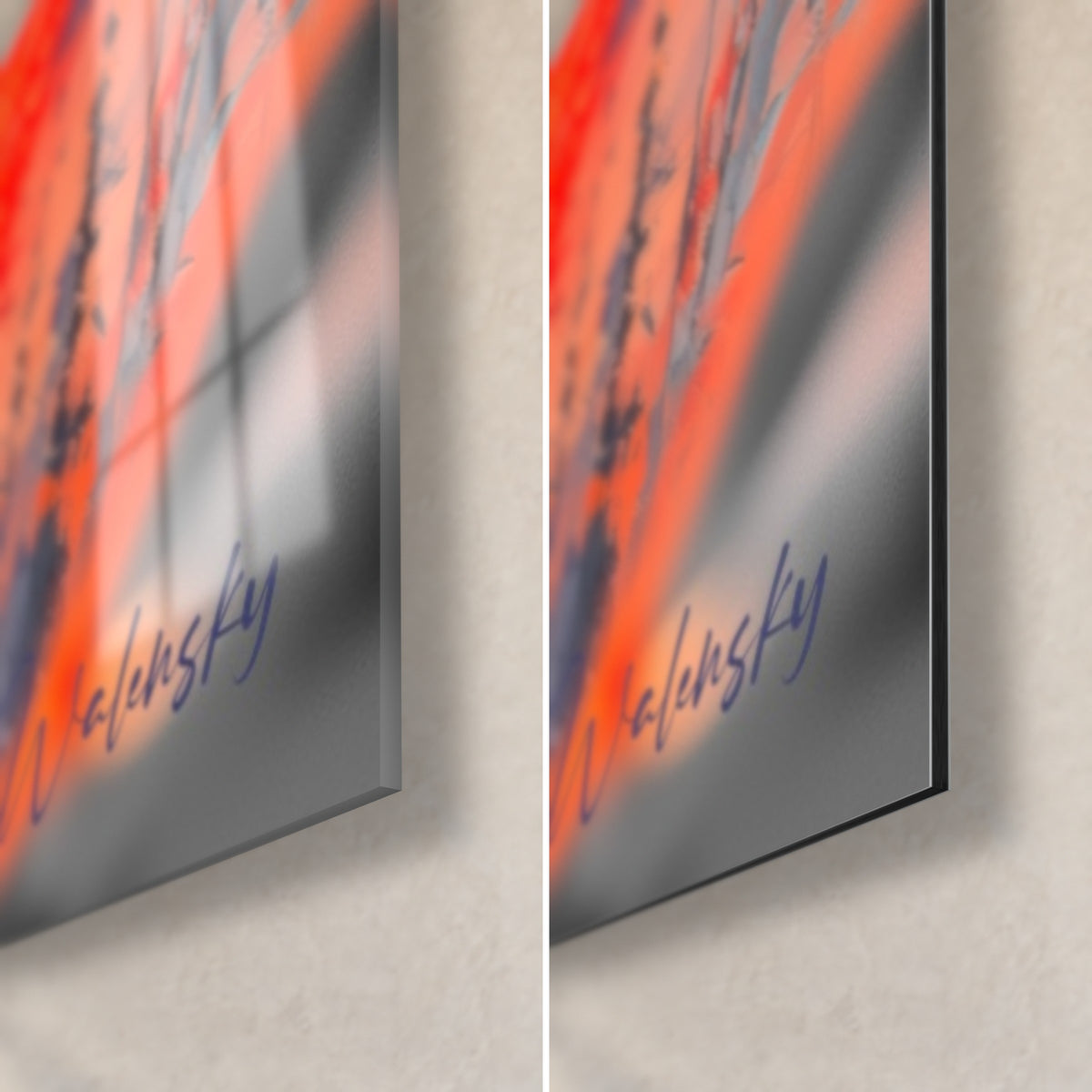 Tableau bélier en peinture grise et orange, coin bas droit : verre acrylique brillant avec reflets, alu Dibond mat, tranche de 3 mm