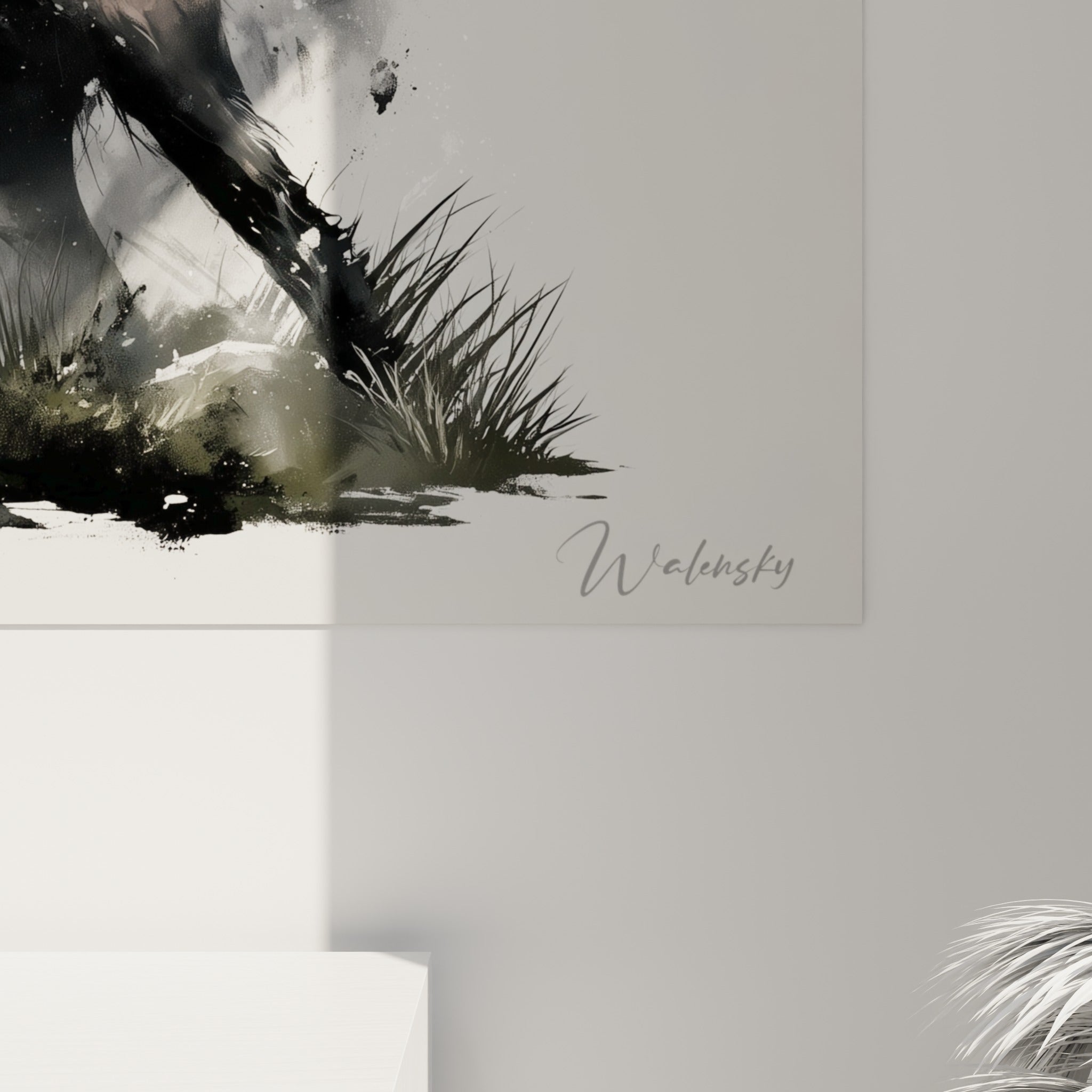 Grain de l'encre noire et coulures grises du Bélier visibles de près, matière éclatée sur la toile