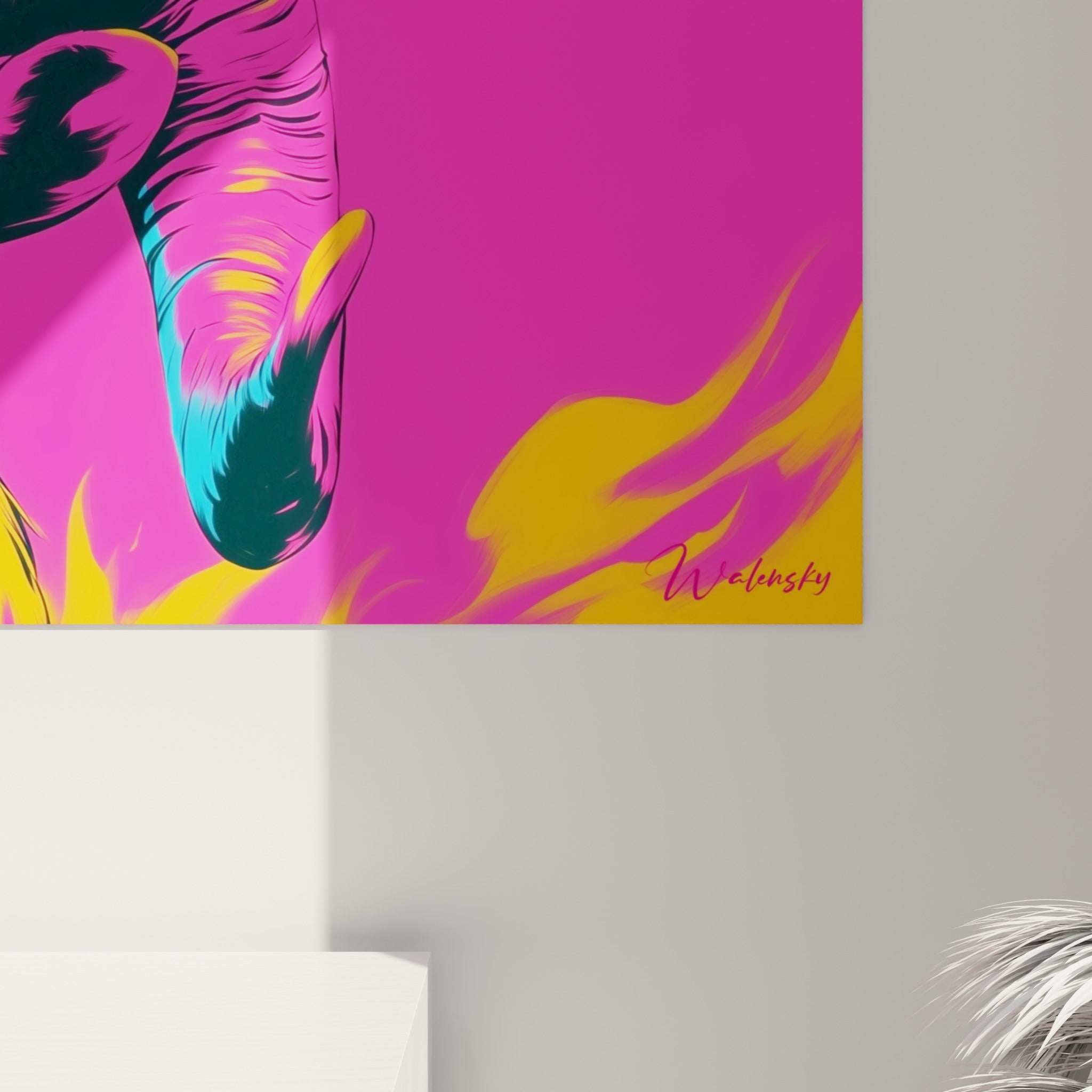 Empâtements colorés du pelage du Bélier, où le rose fuchsia et le bleu électrique se rejoignent en traits nets