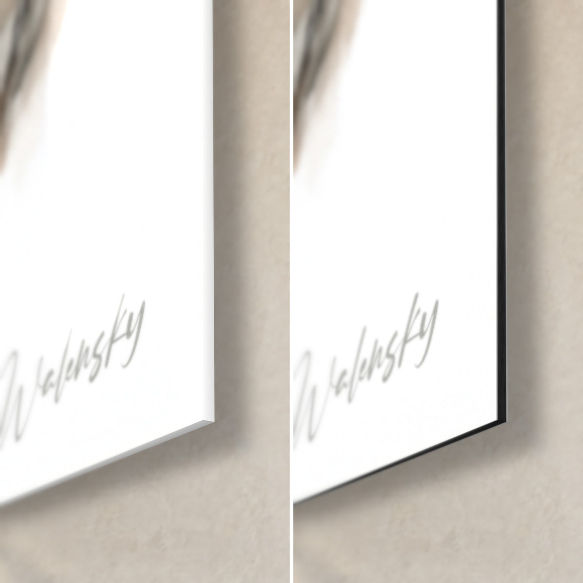 Tableau bélier gris et beige, coin bas droit : signature Walensky, verre acrylique brillant à gauche, alu Dibond noir mat à droite