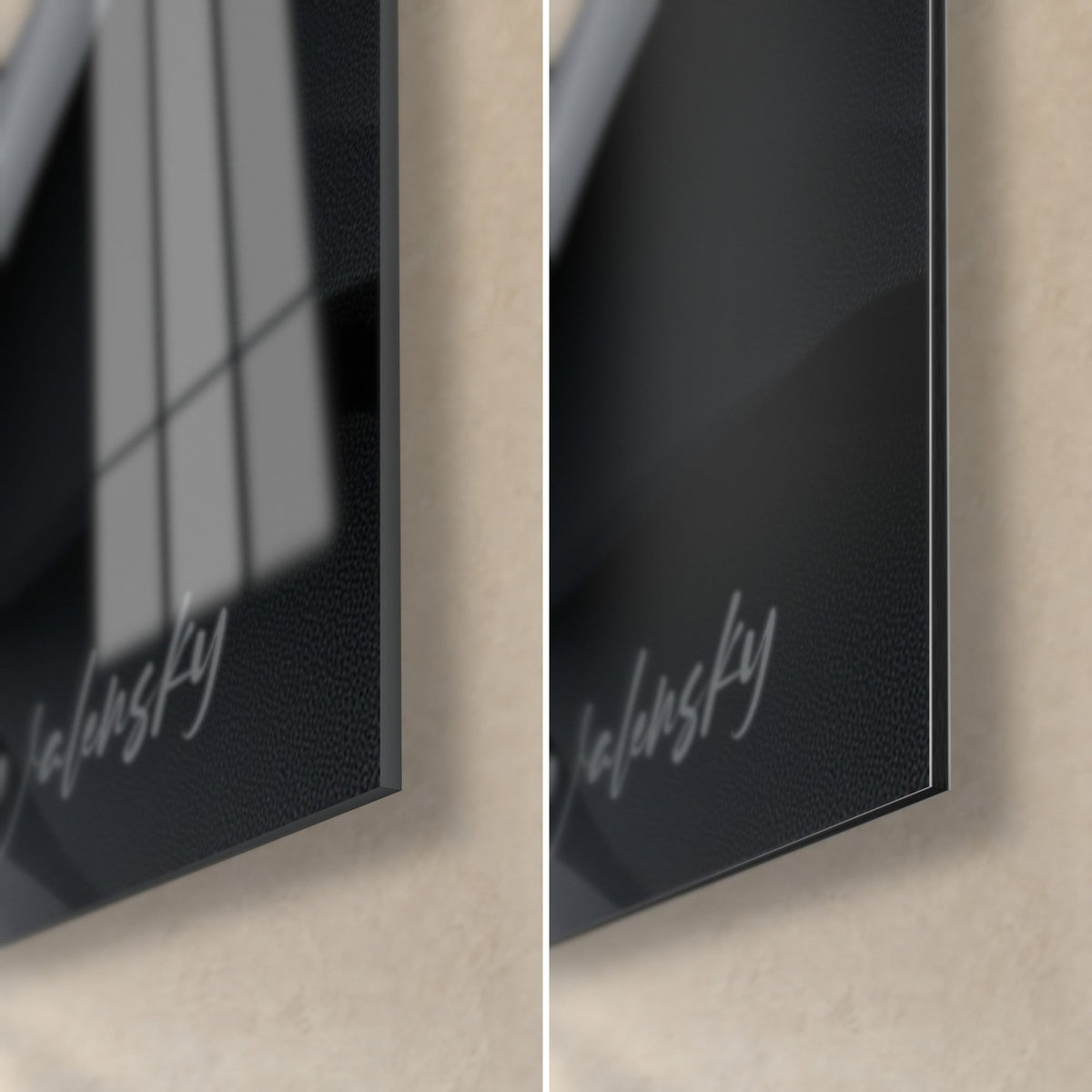 Quadro ariete nero e arancio, angolo in basso a destra: vetro acrilico lucido con riflessi, alluminio Dibond nero opaco, bordo di 3 mm visibile
