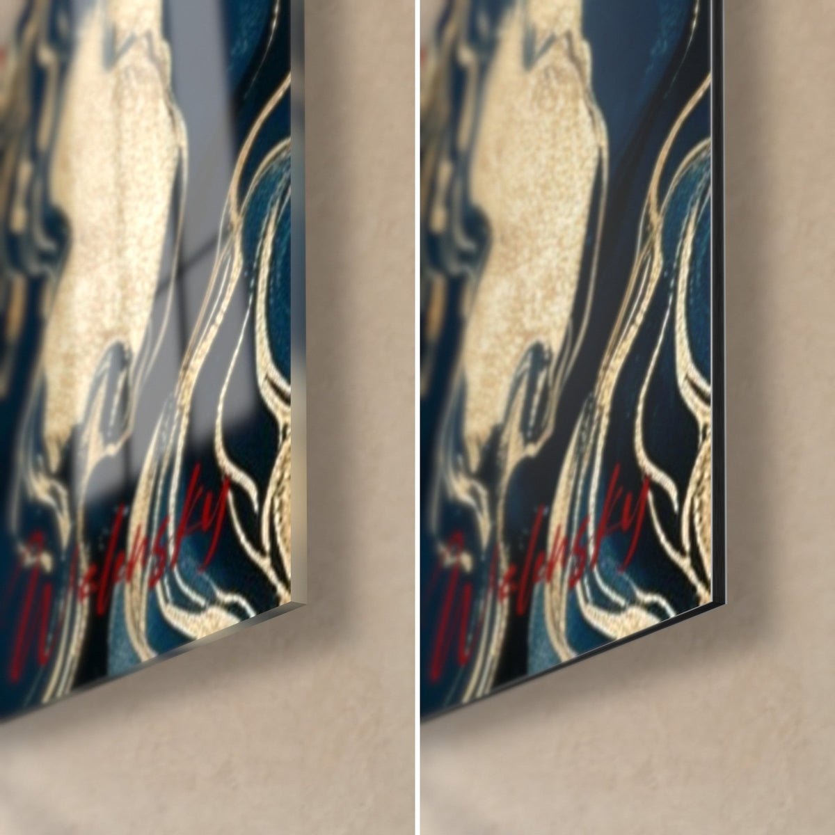 Wall art ram in marbled ink, bottom right corner: glossy acrylic glass with reflections, matte beige Dibond, 3 mm edge