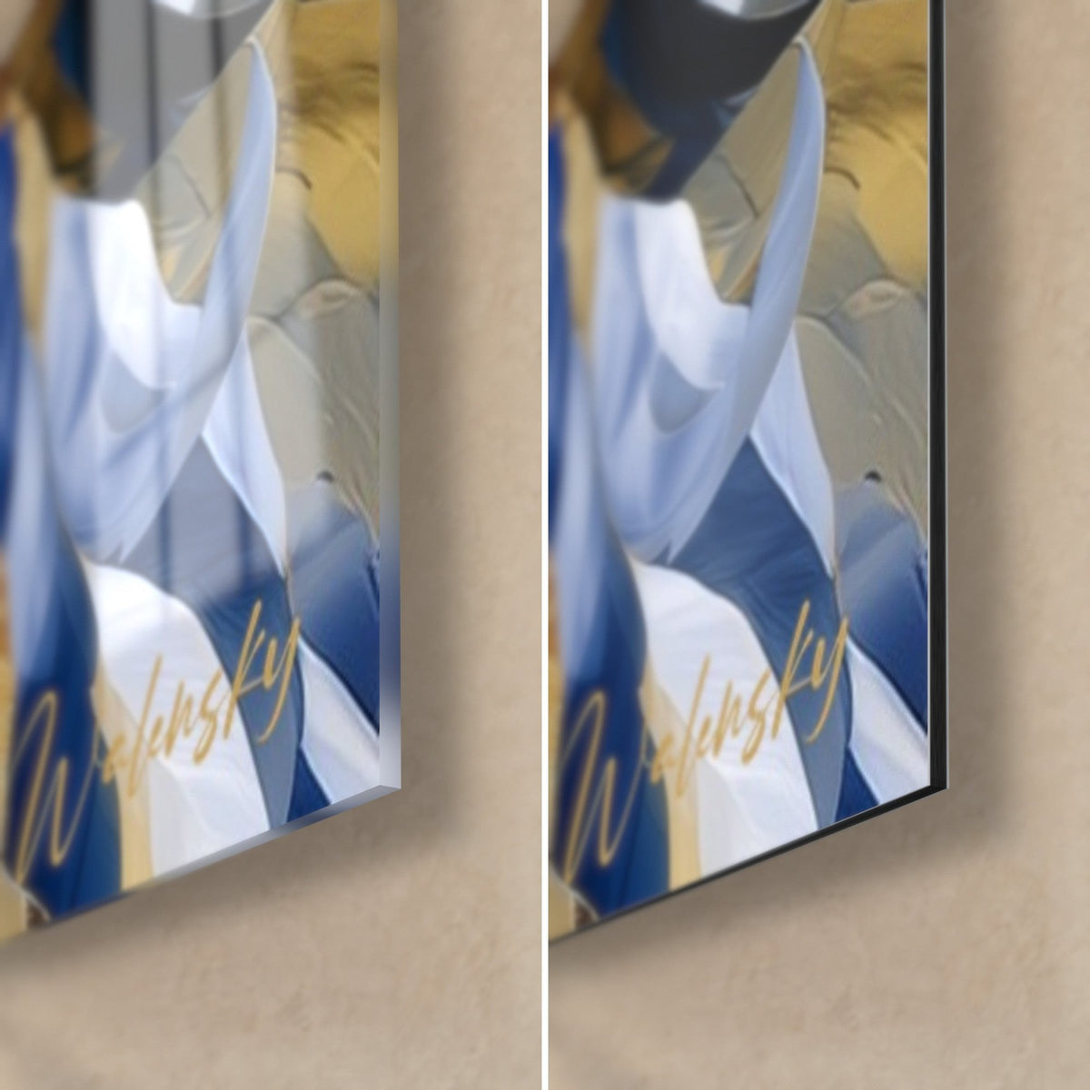 Quadro di ariete in mosaico oro e blu notte, angolo in basso a destra: vetro lucido a sinistra, Dibond opaco a destra, bordo da 3 mm