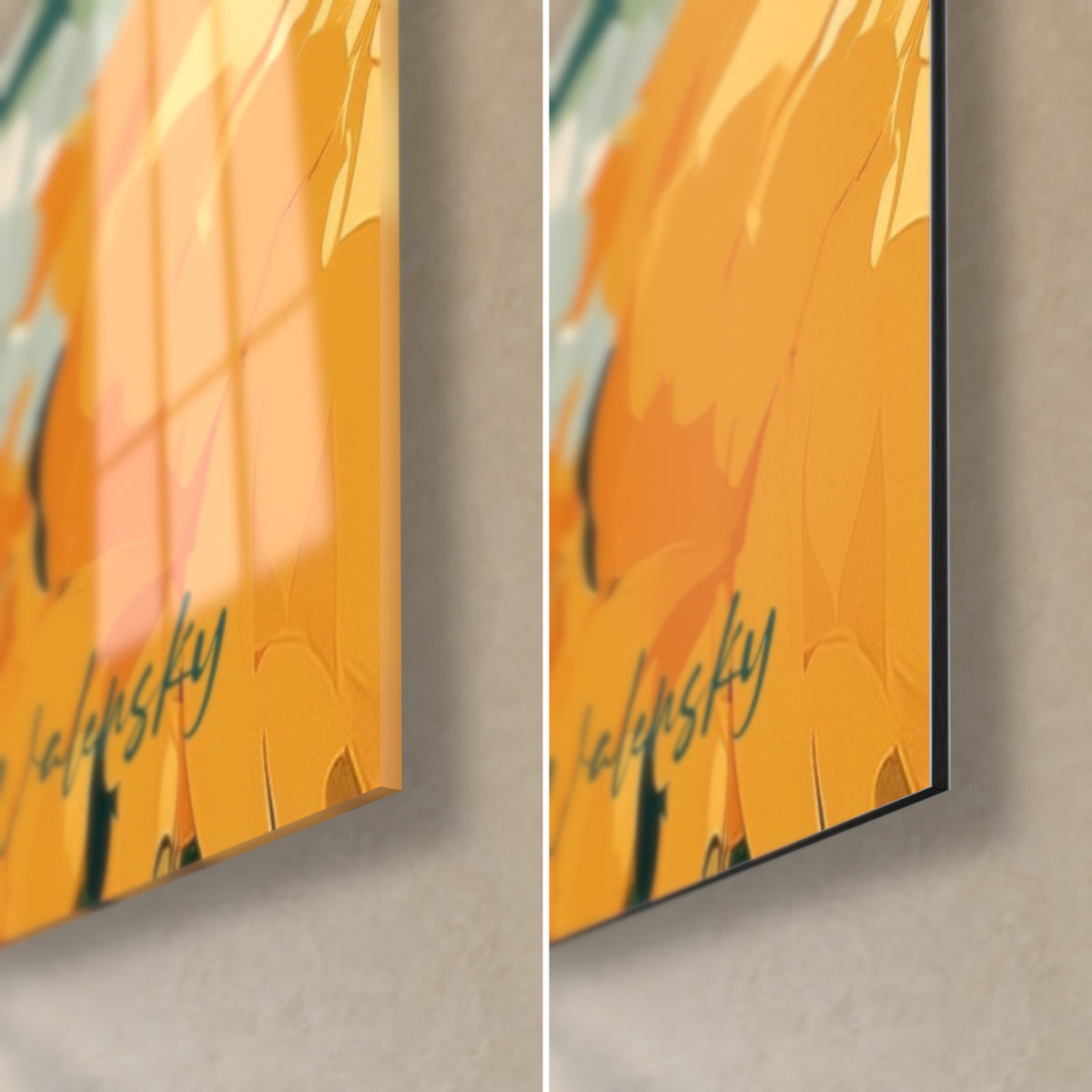 Tableau bélier, coin bas droit : verre acrylique brillant à gauche, alu Dibond mat à droite, orange vif, signature verte