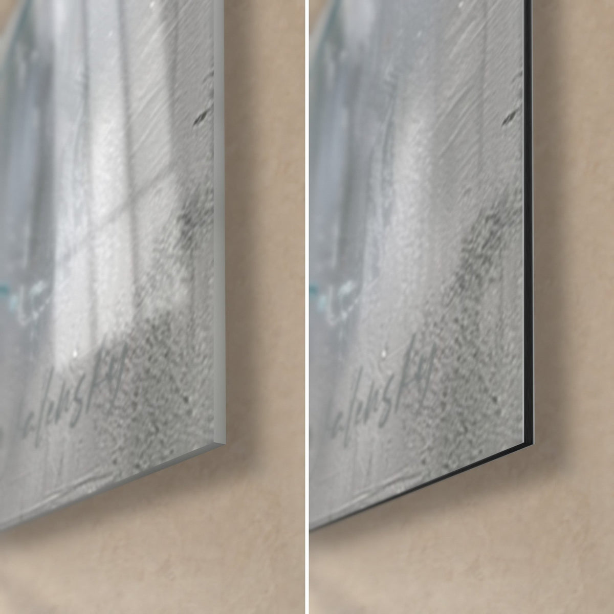 Quadro ariete colorato, angolo in basso a destra: vetro acrilico lucido con riflessi a sinistra, alluminio Dibond grigio opaco a destra, bordo di 3 mm
