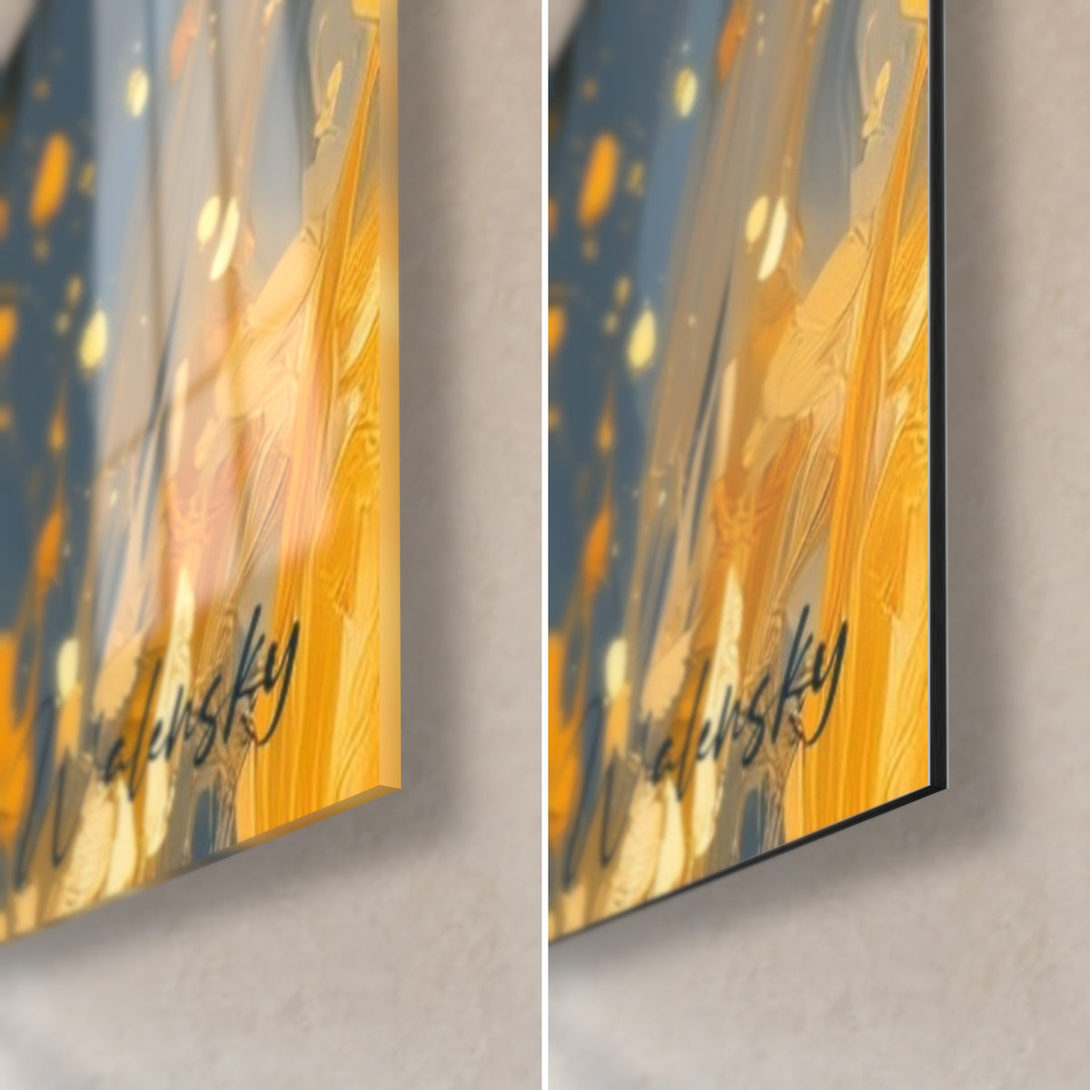 Gemälde stolzer Widderkopf, Goldspritzer und grauer Hintergrund, glänzende Glasecke unten rechts und matte Dibond-Rückseite, 3 mm Kante