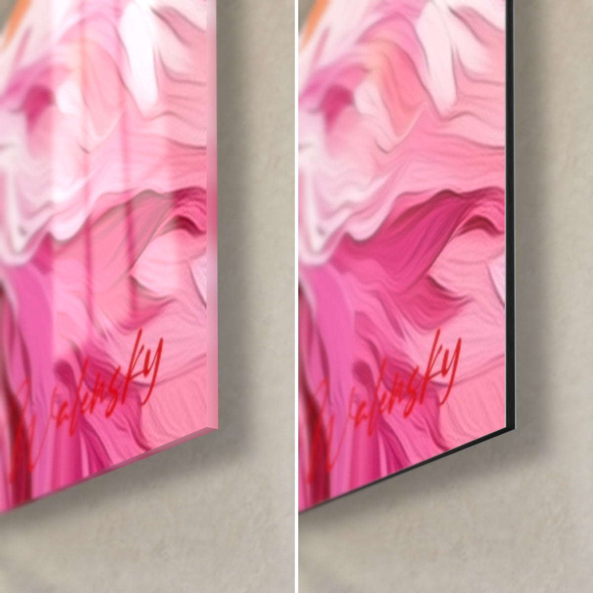 Schilderij ram in roze en blauw, rechtsonder: glanzend acrylglas links, mat zwart Dibond-aluminium rechts, 3 mm rand zichtbaar