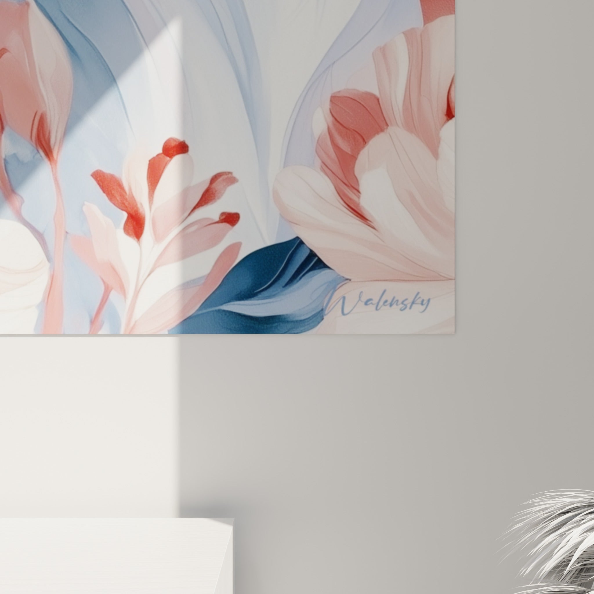 Empâtements fins du pelage bleu ardoise et pétales corail du Bélier visibles en gros plan sur la toile