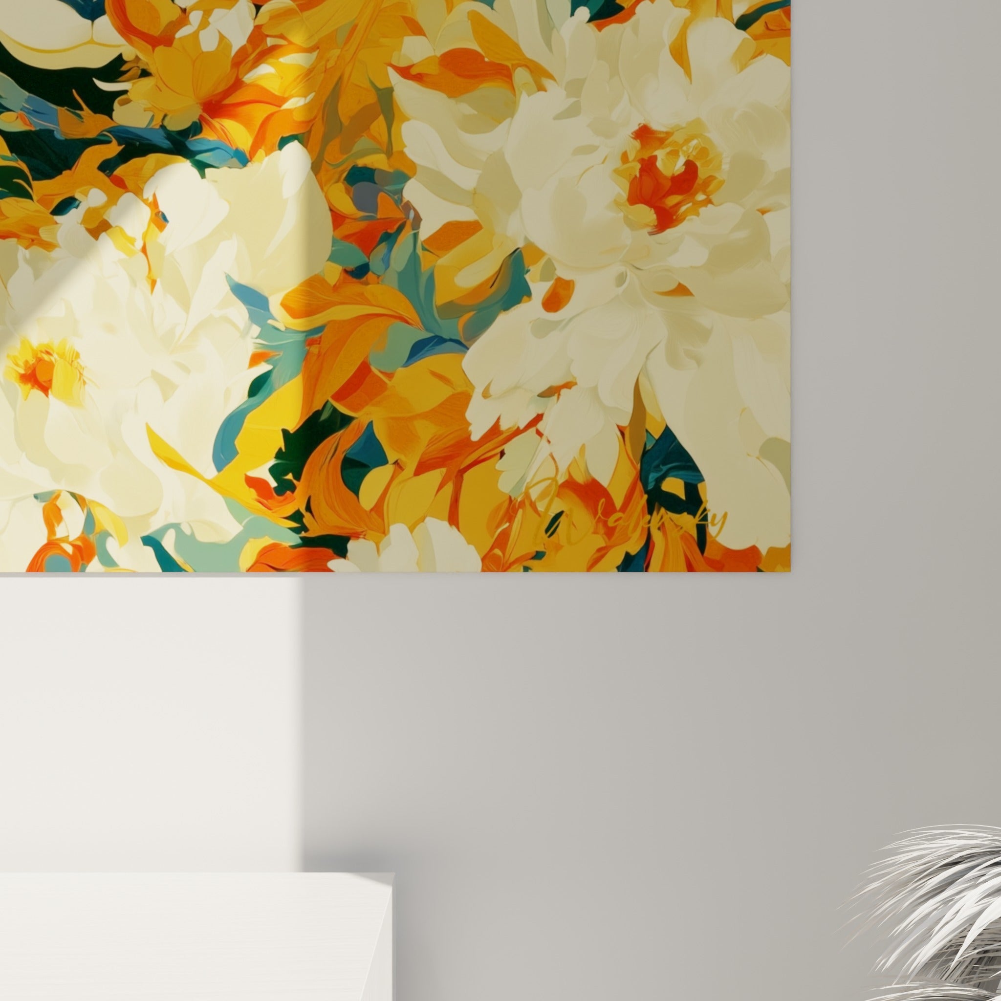 Détail des empâtements colorés entre ocre profond et bleu marine, où les pétales blancs se fondent aux feuillages orangés