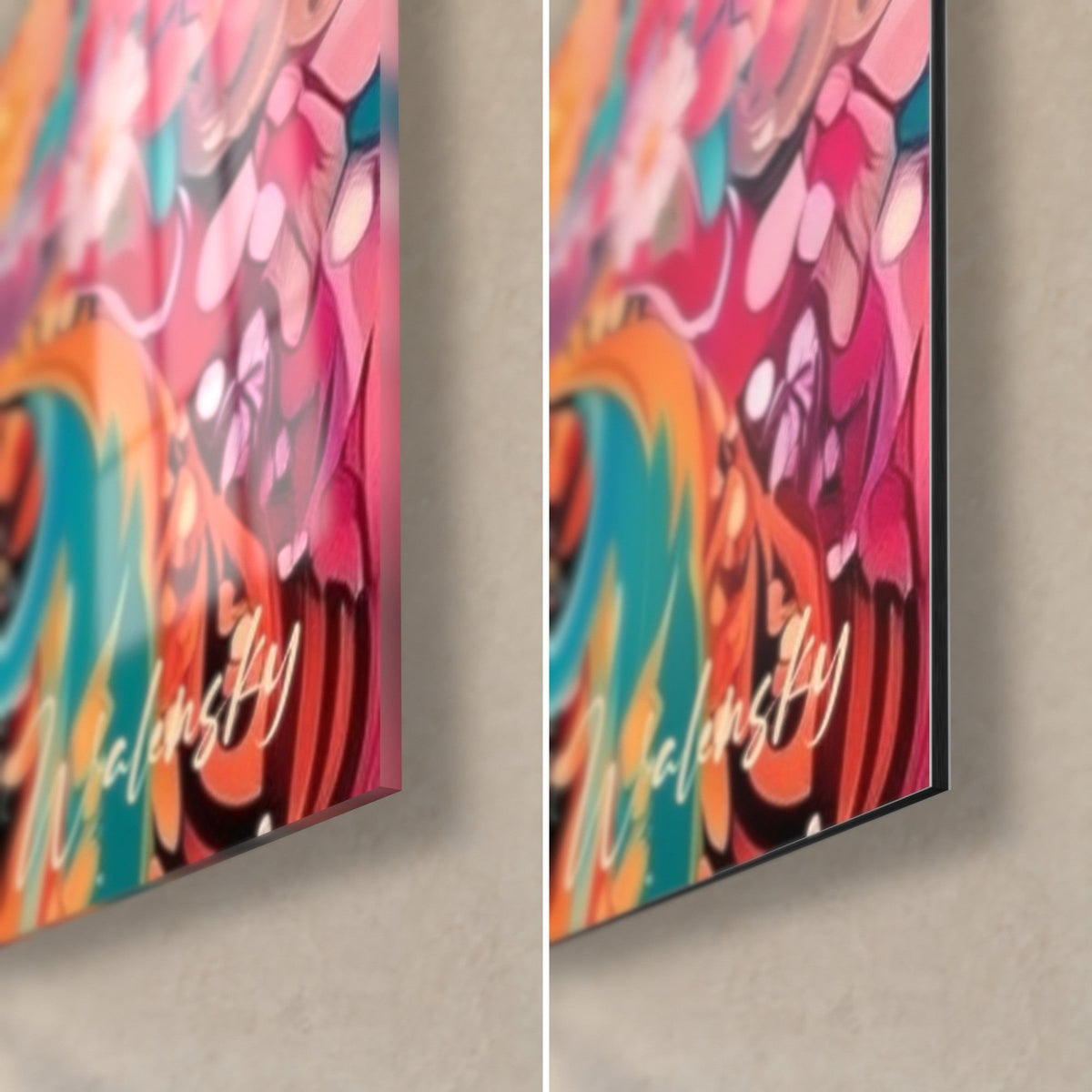 Schilderij ram met magenta en turquoise veren, rechtsonder: glanzend acrylglas links, mat Dibond rechts