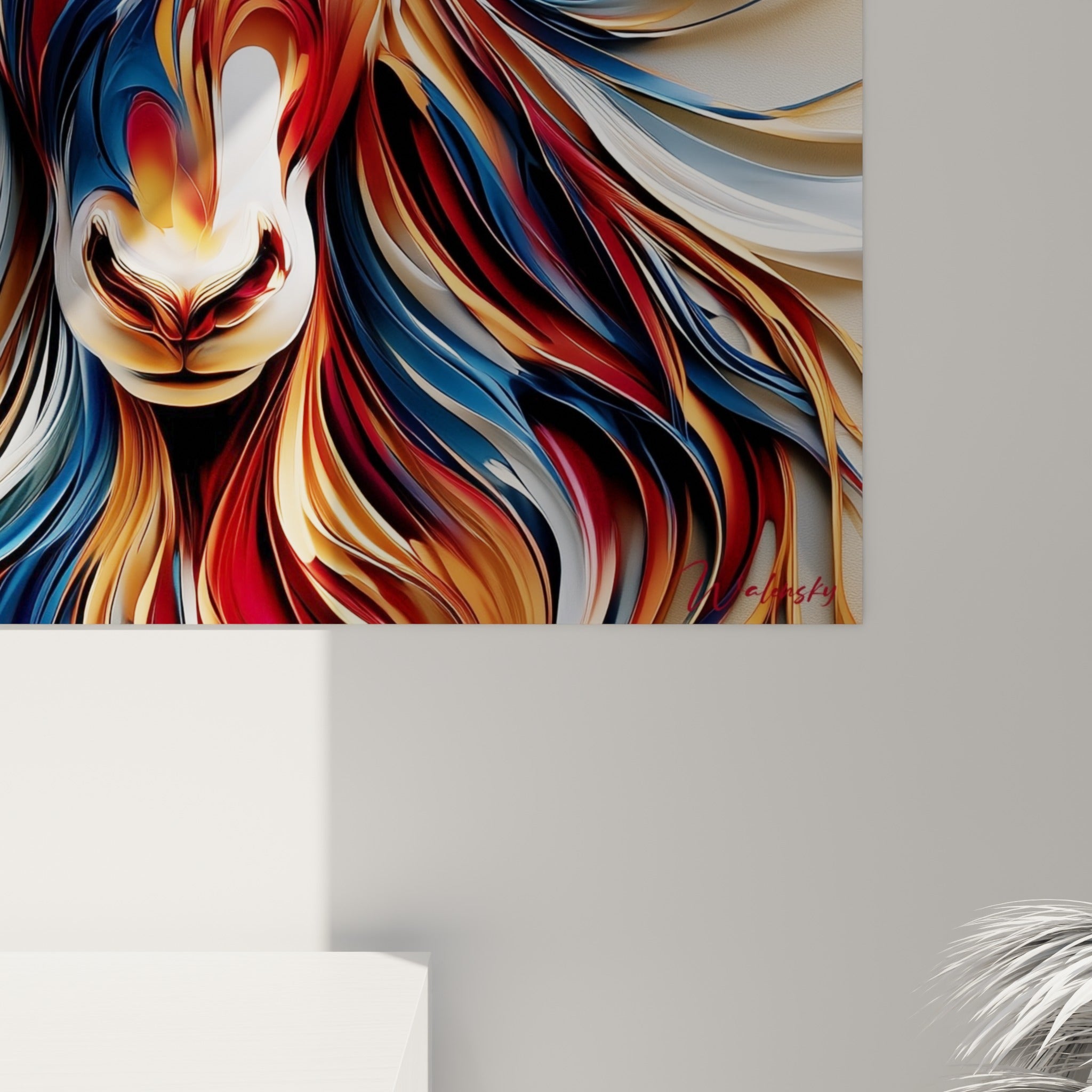 Détail des empâtements dorés et bleu marine du Bélier, où les couleurs fondues se touchent en relief brillant
