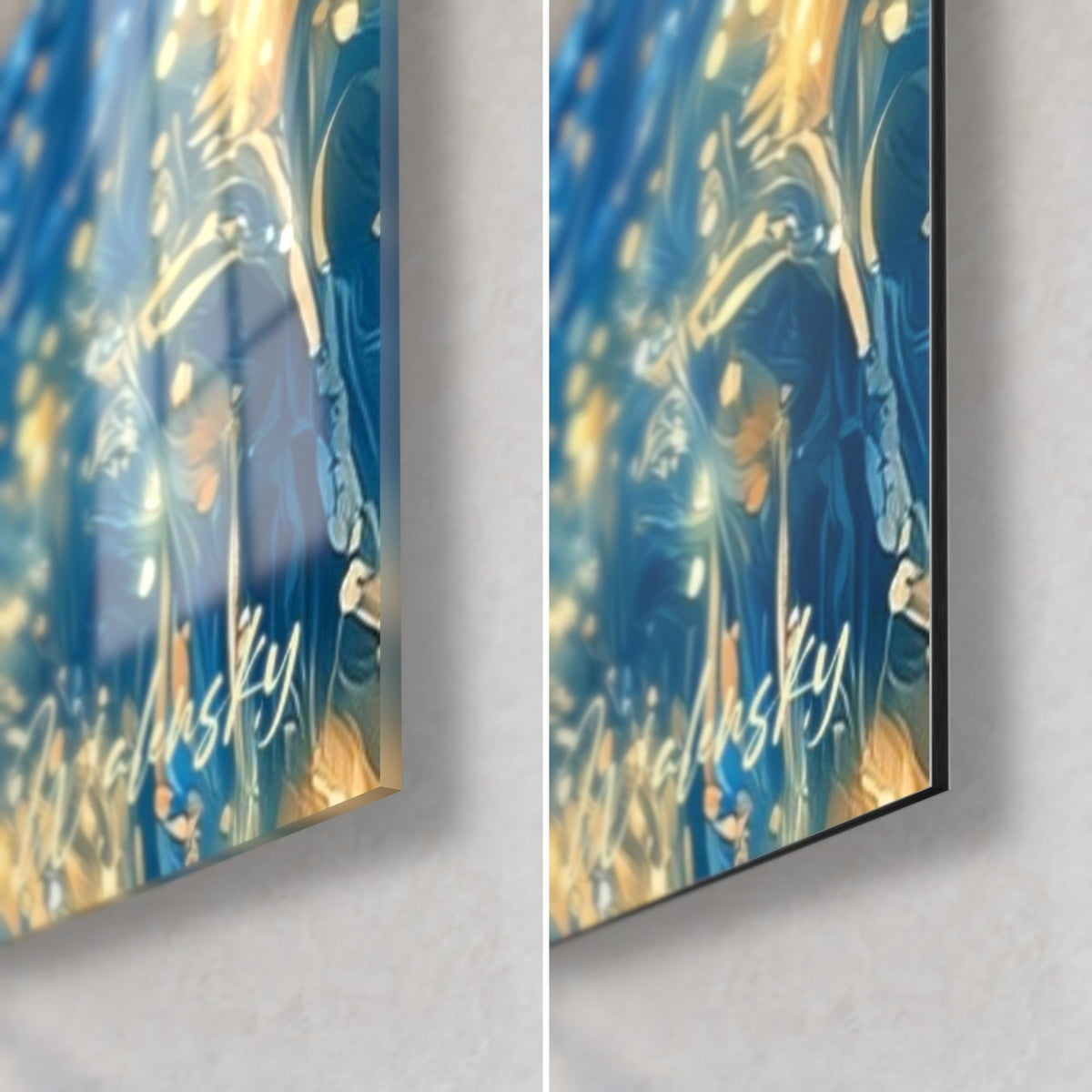 Tableau tête de bélier bleu nuit, étoiles dorées ; coin bas droit en verre brillant à reflets et Dibond mat, tranche 3 mm