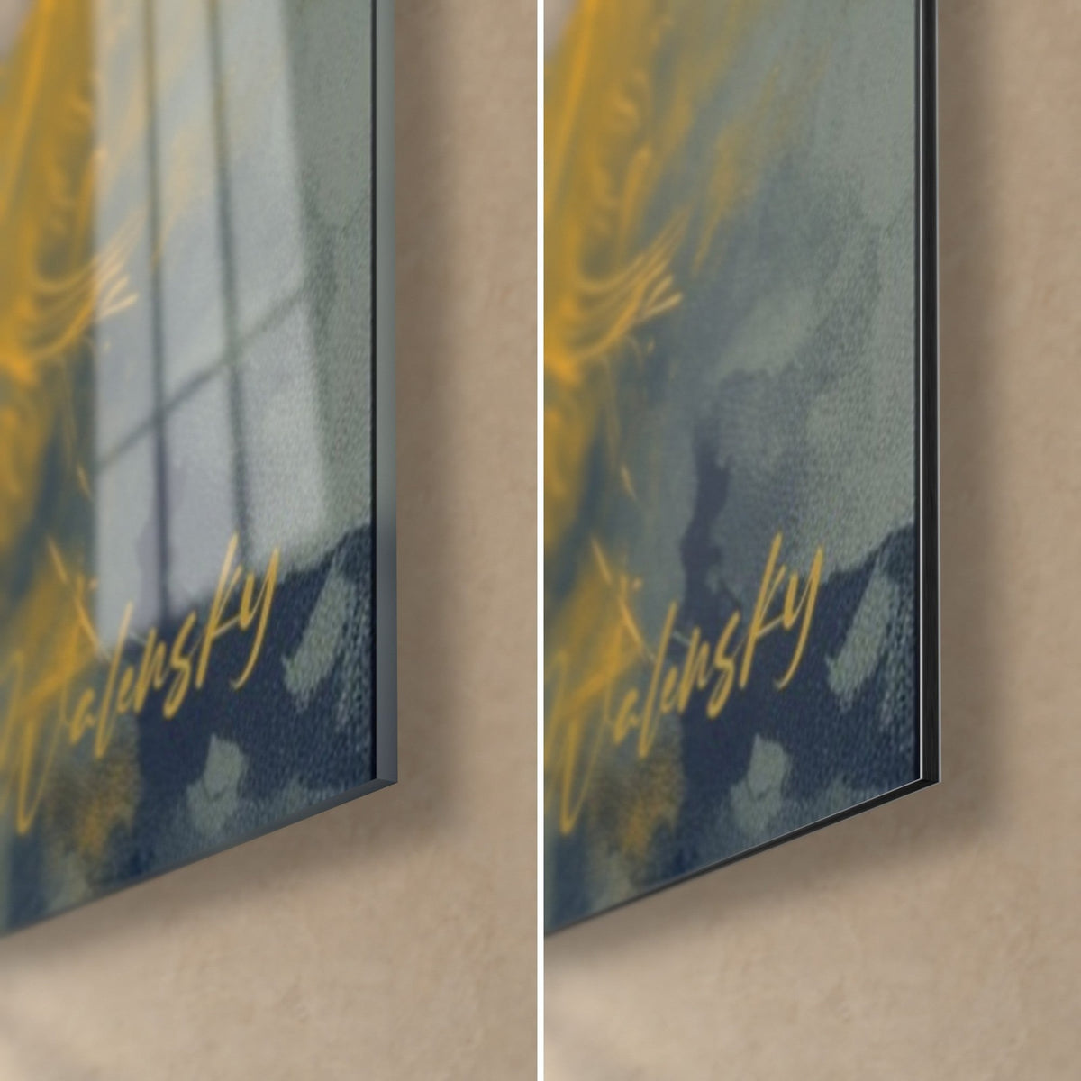 Quadro ariete con corna blu navy, angolo in basso a destra: vetro acrilico lucido con riflessi, alluminio Dibond opaco ocra, spessore 3 mm