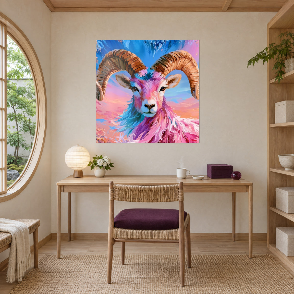 Schilderij moeflon met karamelkleurige krulhoorns, pastelroze en gletsjerblauwe vacht, boven een bureau van licht hout en een paarse stoel