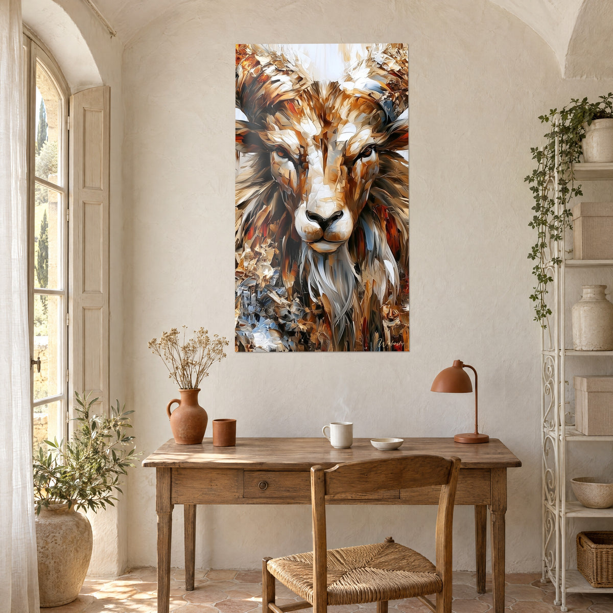 Tableau sentinelle à cornes spiralées, fourrure brun roux et gris perle en larges aplats, au-dessus d'un bureau en bois avec lampe orange