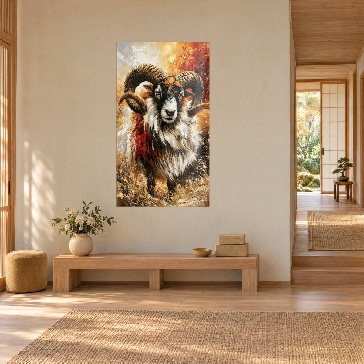 Tableau mouflon à la laine ivoire éclaboussée de rouge, cornes enroulées couleur noisette, vu de trois quarts dans un séjour japandi
