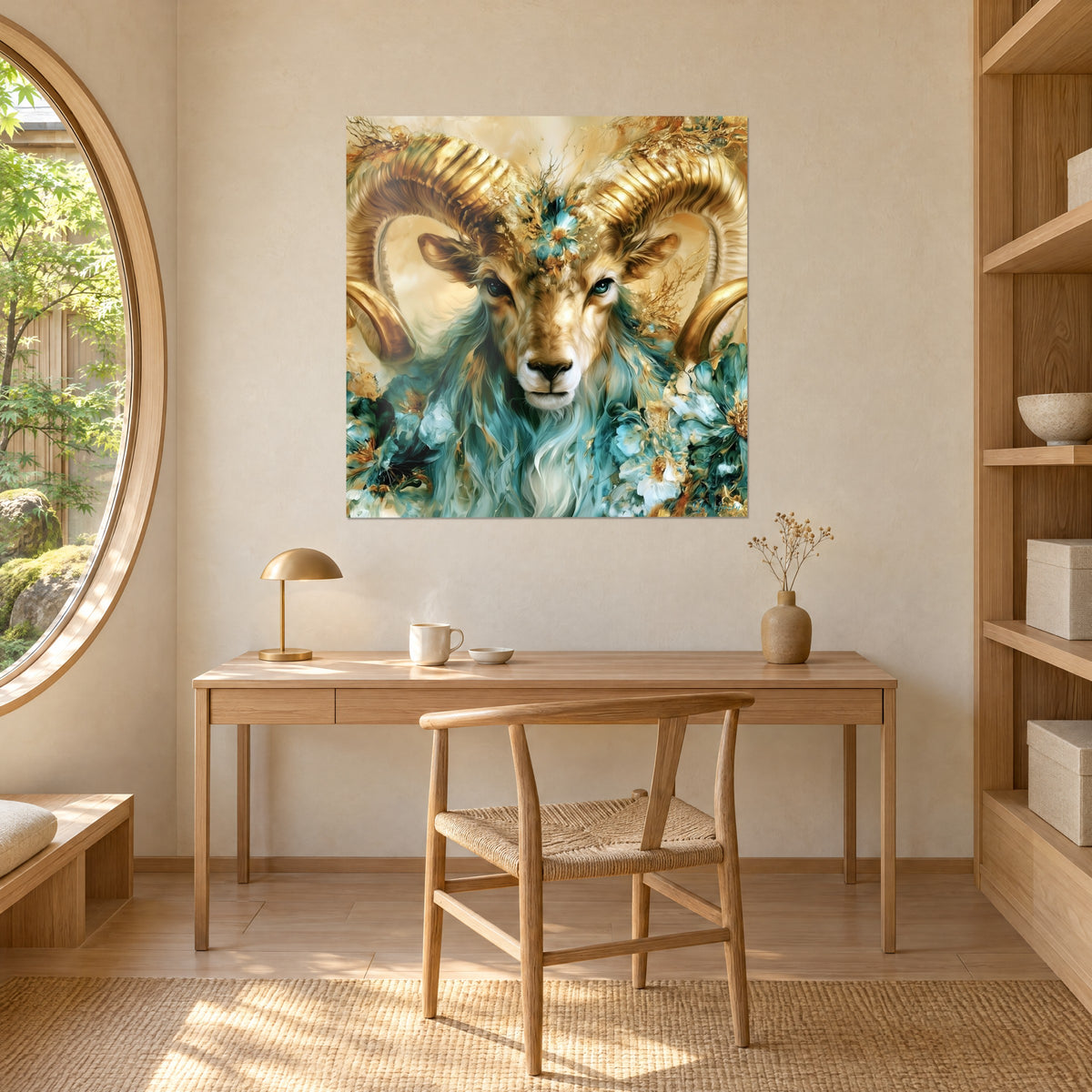 Schilderij ram in profiel met amberkleurige hoorns, gouden spatten en blauwgroene bloemen, boven een licht houten bureau