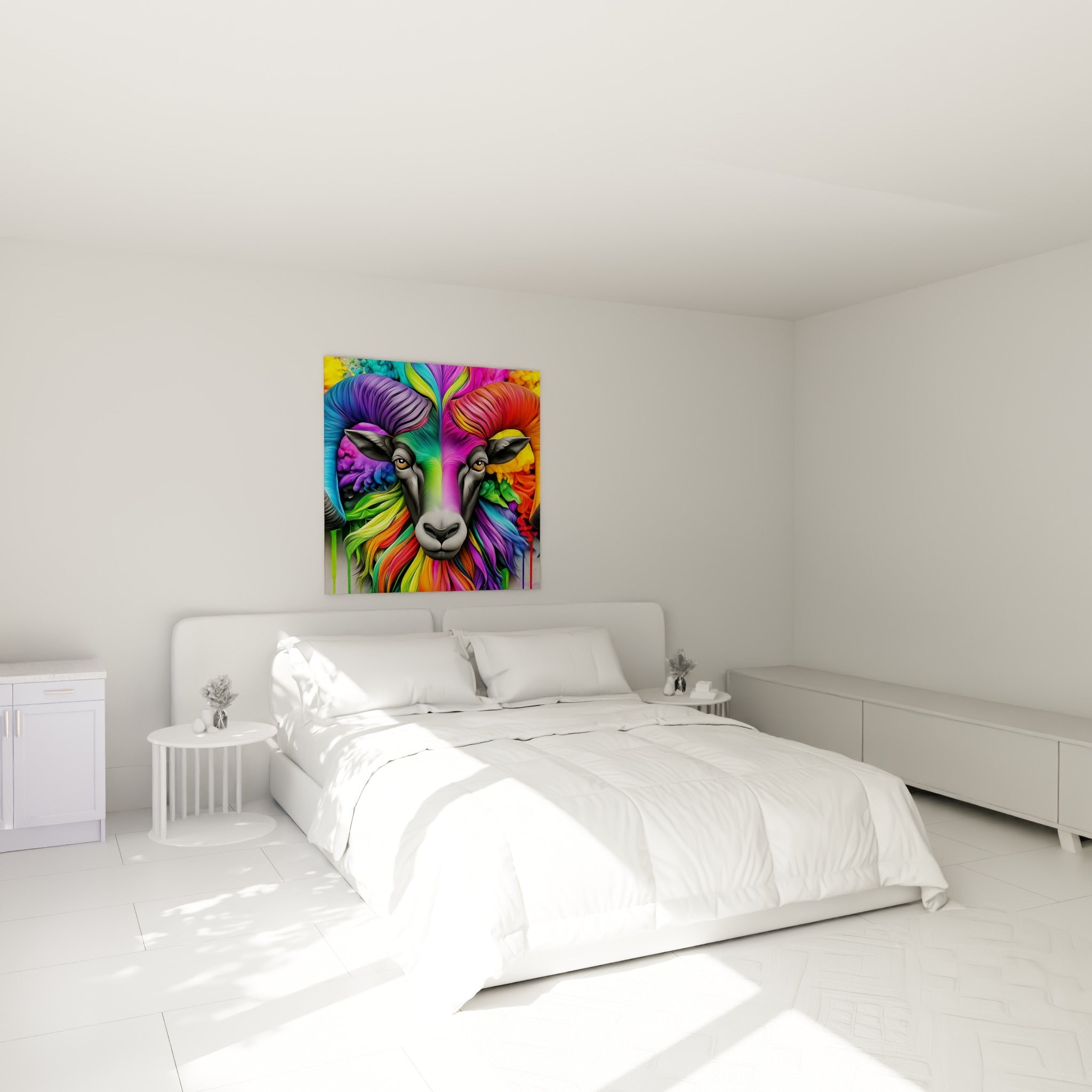Cornes multicolores du Bélier en turquoise et magenta, accrochées au-dessus d'un lit dans une chambre claire