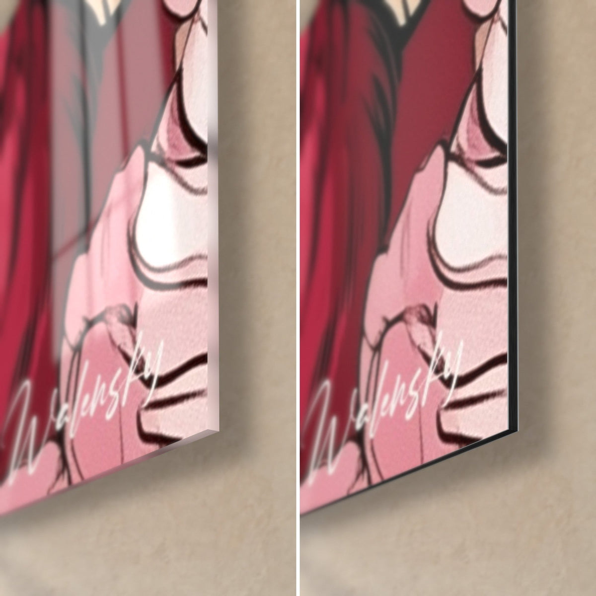 Quadro ariete fucsia, peonie bianche in basso a destra, vetro lucido a sinistra, Dibond nero opaco e bordo da 3 mm