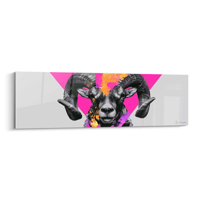 Tableau Bélier rose fuchsia et jaune triangle géométrique - Pelage noir et blanc - Edition Bélier