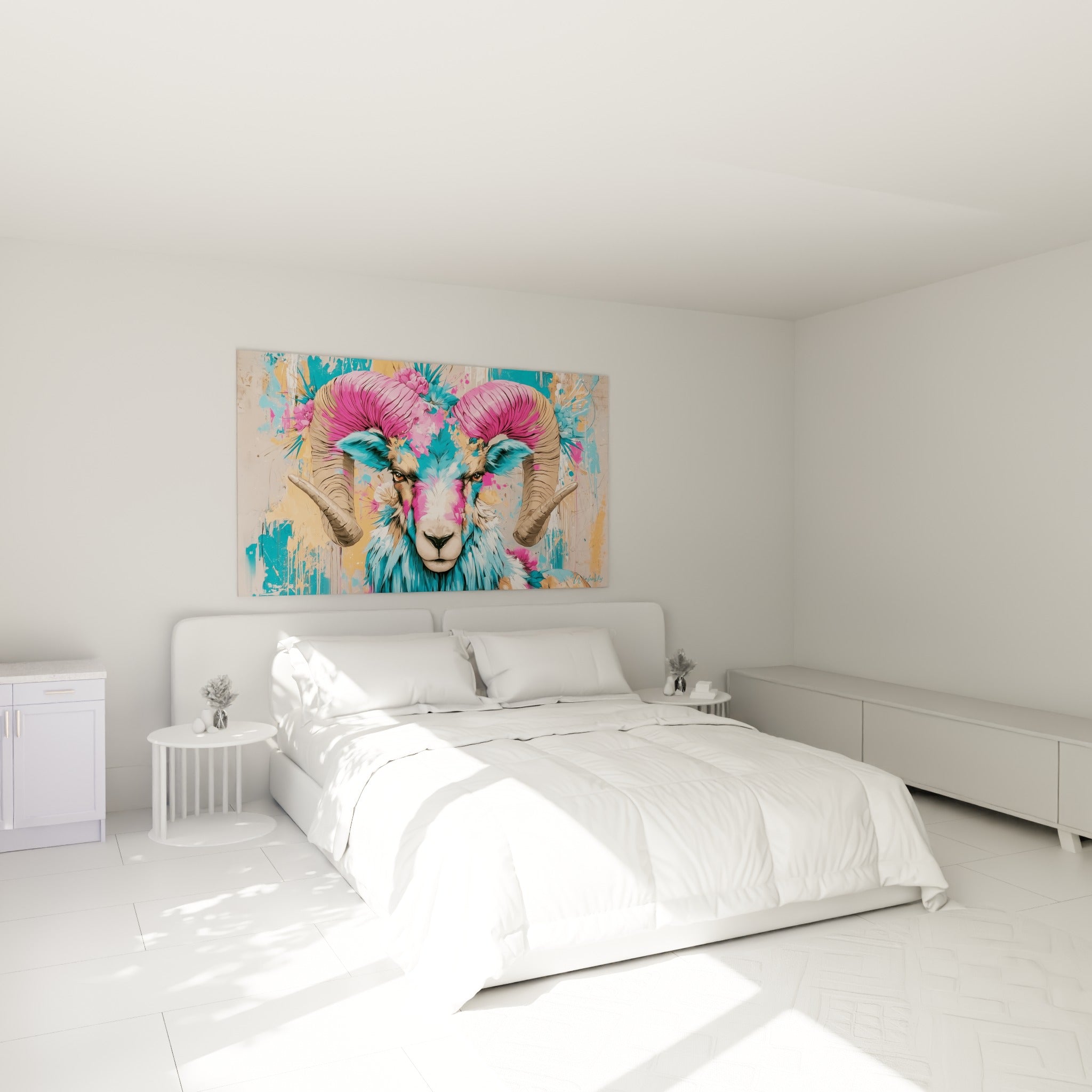 Cornes roses et regard intense du Bélier turquoise, accroché au-dessus d'un lit dans une chambre claire