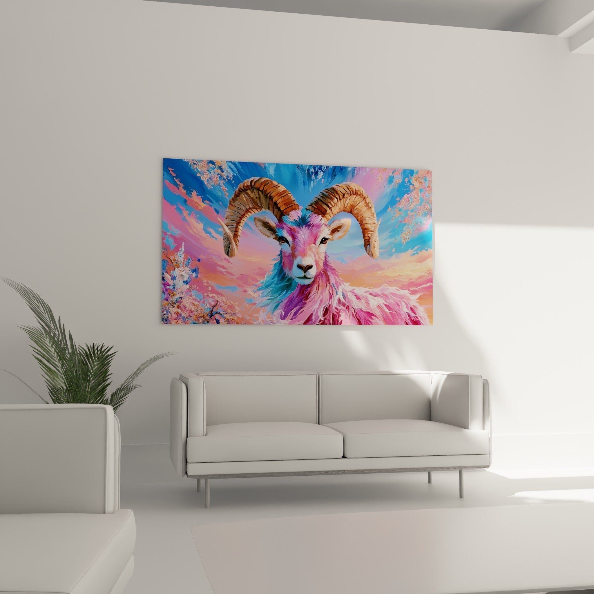Regard perçant du Bélier entouré de nuances turquoise et corail, au-dessus d'un canapé dans un salon lumineux