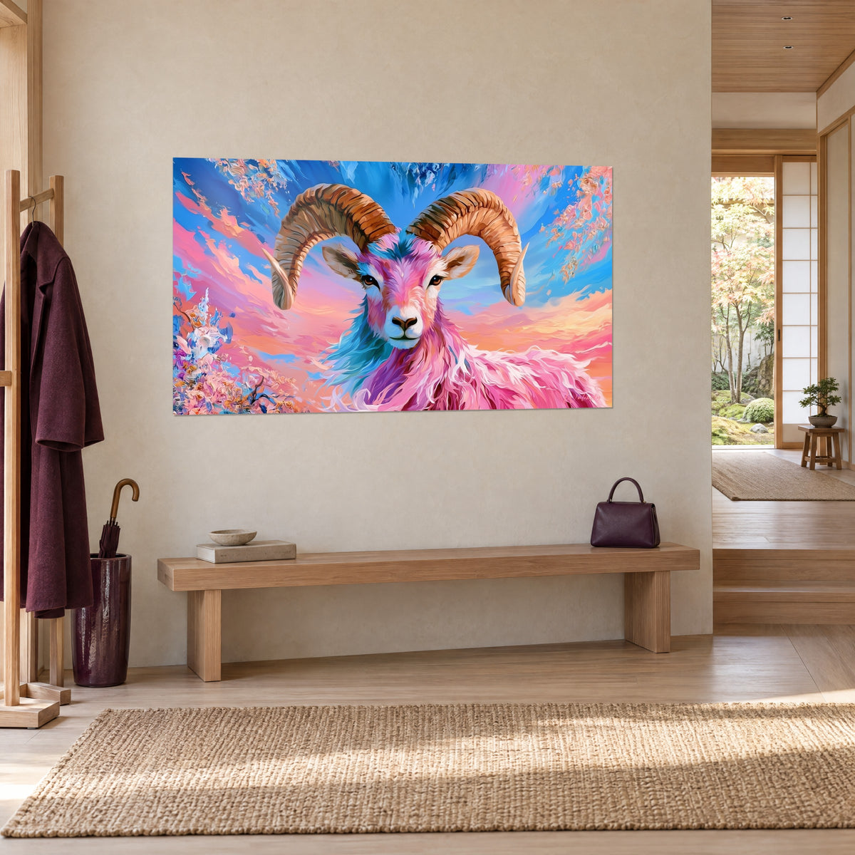 Wall art mouflon with pastel pink fleece and blue mane, swirling orange sky, hung in a Japandi entryway with a bench