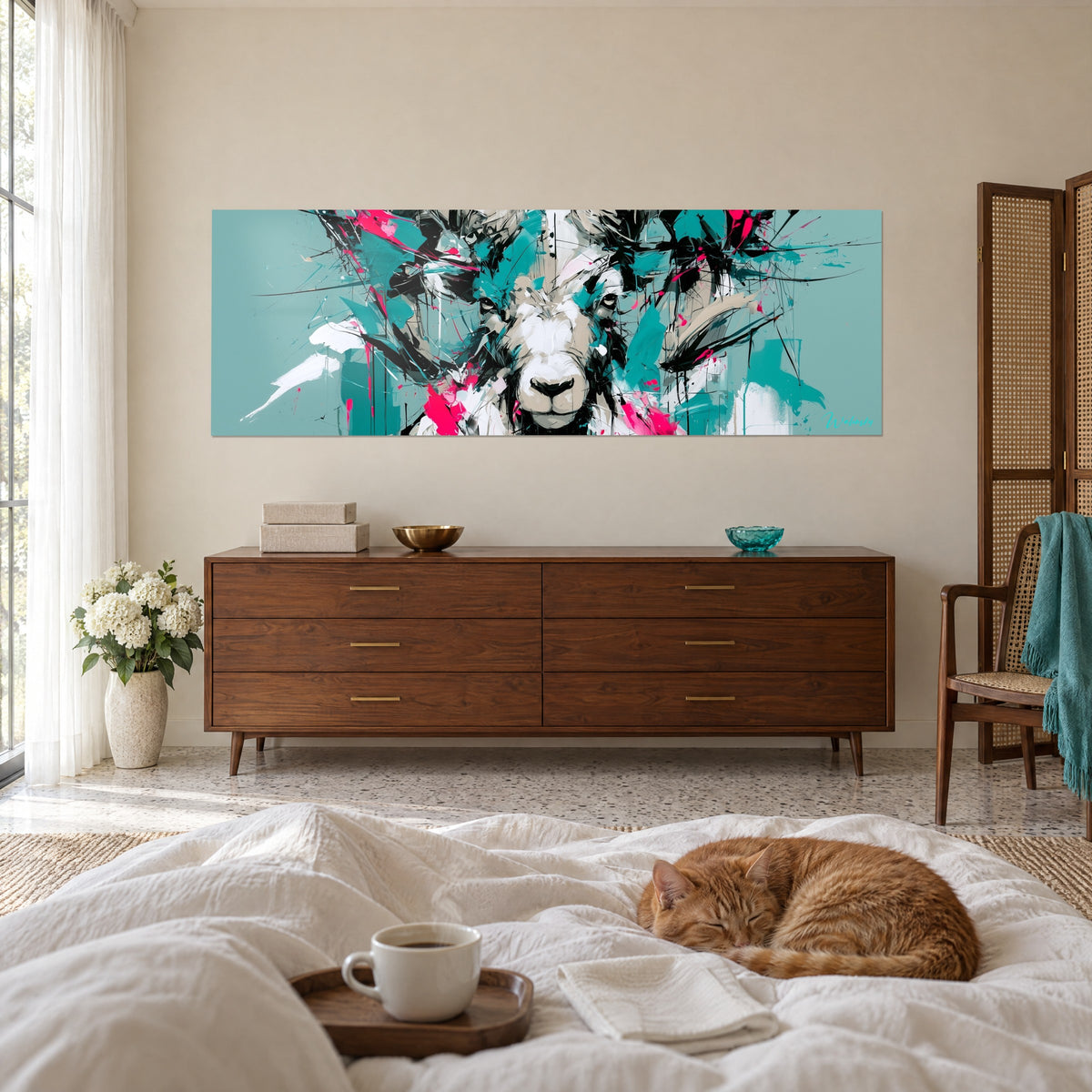 Tableau museau noir d'un bélier, cornes grises, coulures turquoise et fuchsia, un chat tigré roux dormant sur le lit, au-dessus d'un lit dans une chambre claire