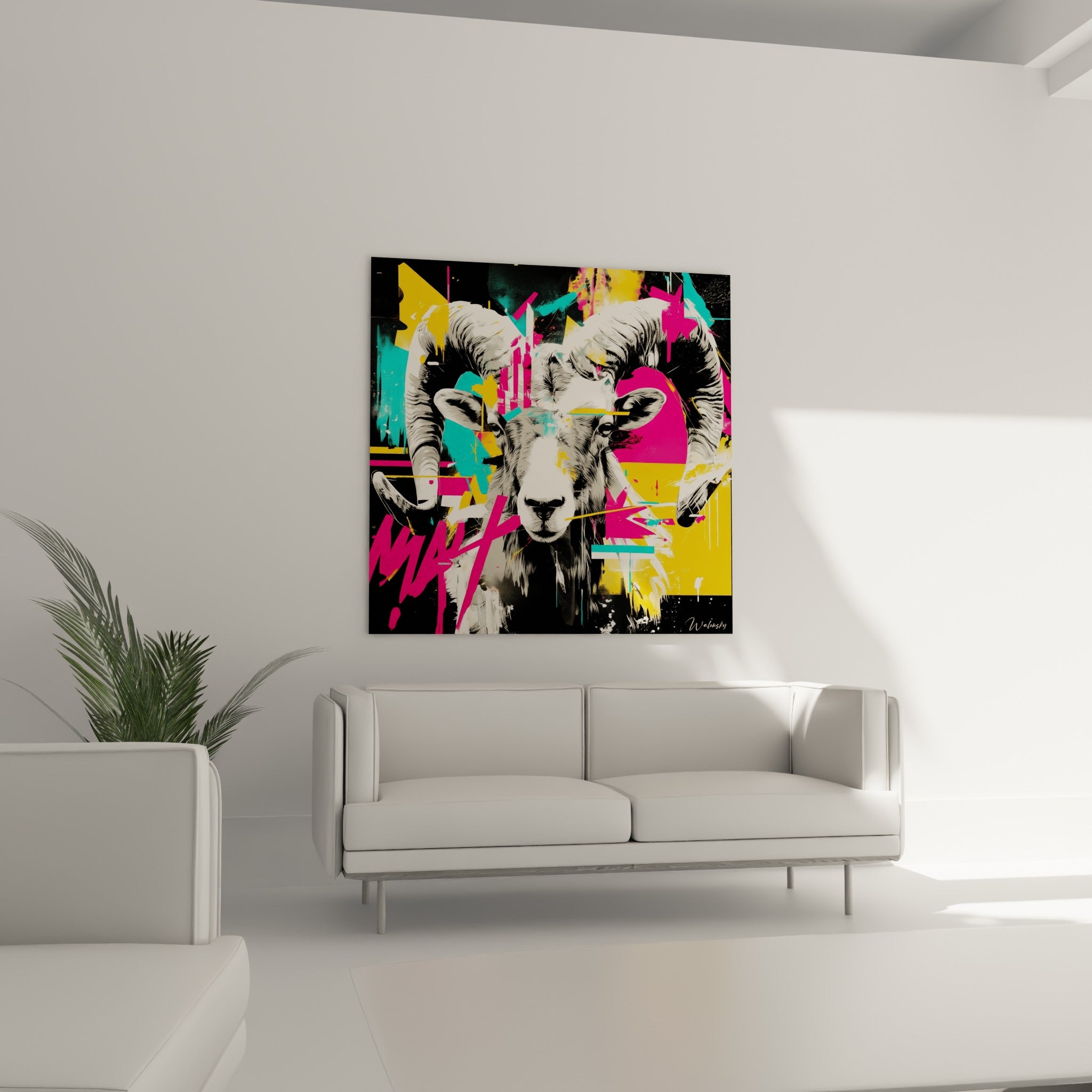 Museau blanc du Bélier encadré de touches turquoise et jaune, au-dessus d'un canapé dans un salon lumineux