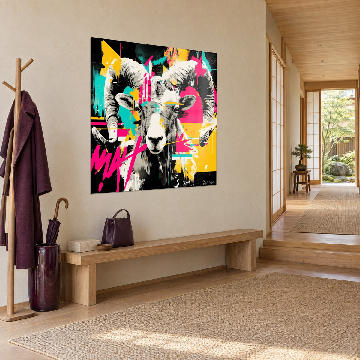 Tableau tête de mouflon graffiti, aplats turquoise et jaune moutarde, accroché près d'un banc en bois dans une entrée japandi