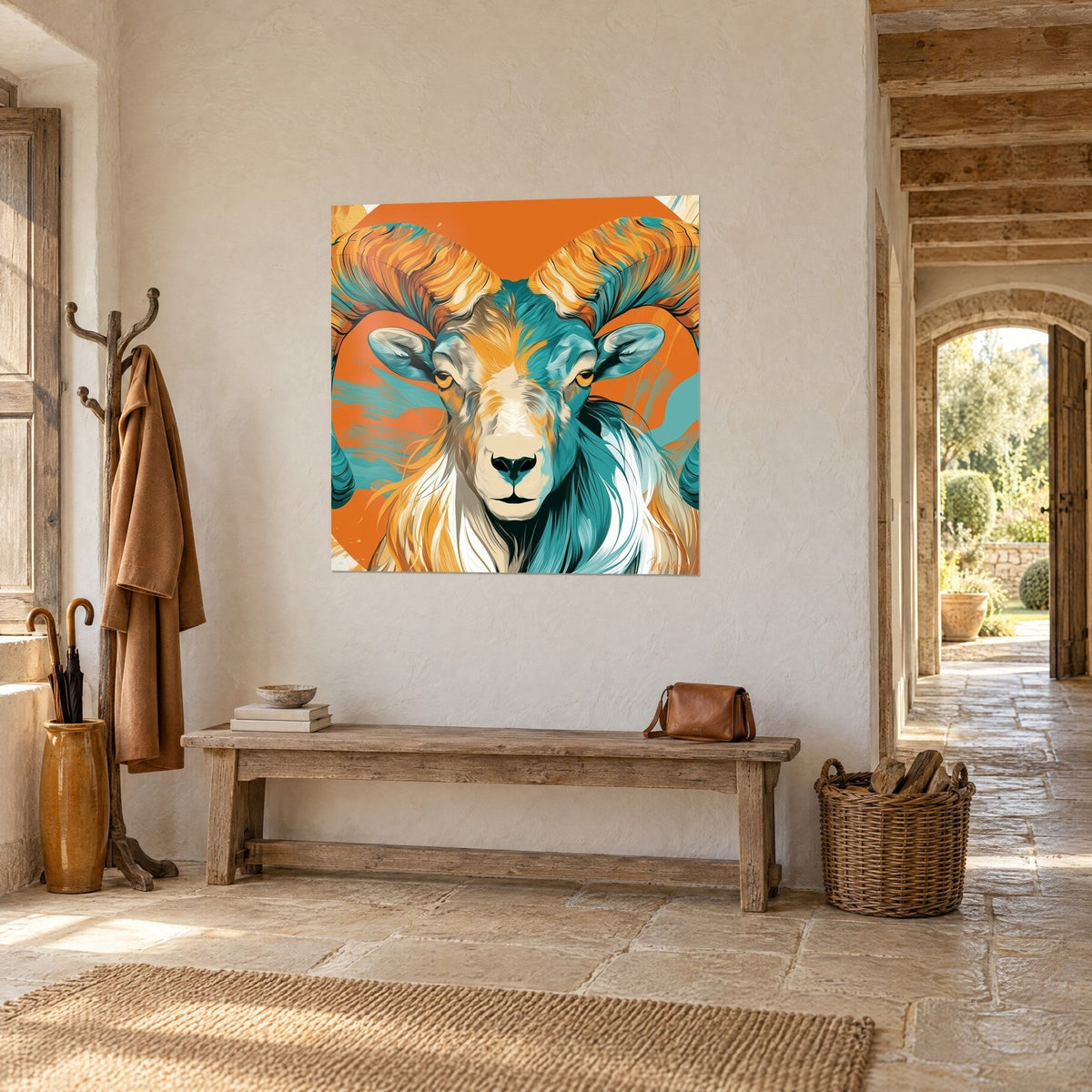 Tableau mouflon de face, toison blanche et cornes dorées sur disque orange, accroché près d'une arche en pierre, vue de trois-quarts