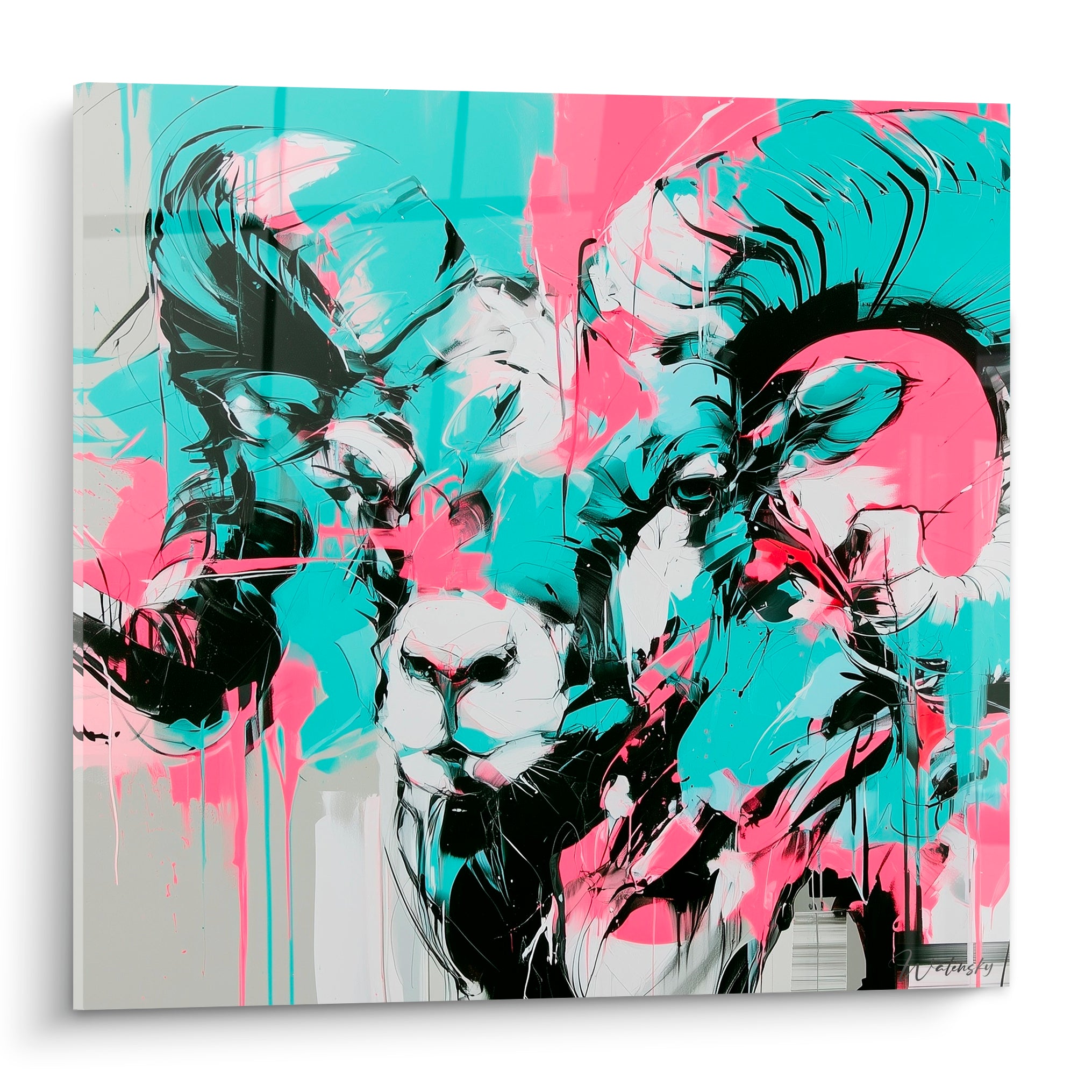 Bélier aux cornes noires enroulées, peint en turquoise et rose fuchsia avec coulures graphiques.