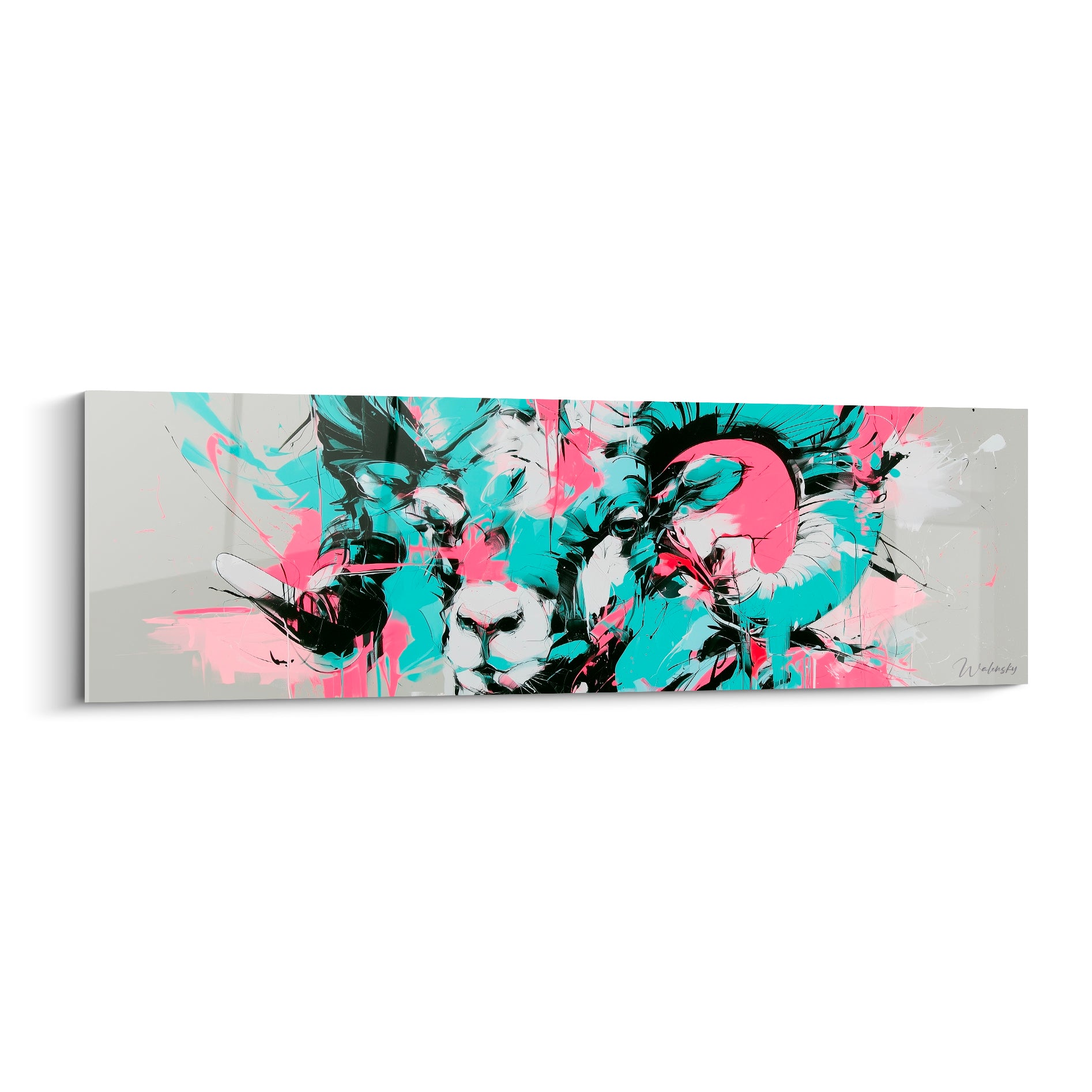 Bélier turquoise et rose fuchsia, cornes torsadées, style graffiti sur fond gris perle