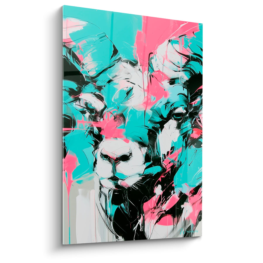 Tableau Bélier turquoise et rose coulures d'encre noire - Encrage expressif - Edition Bélier