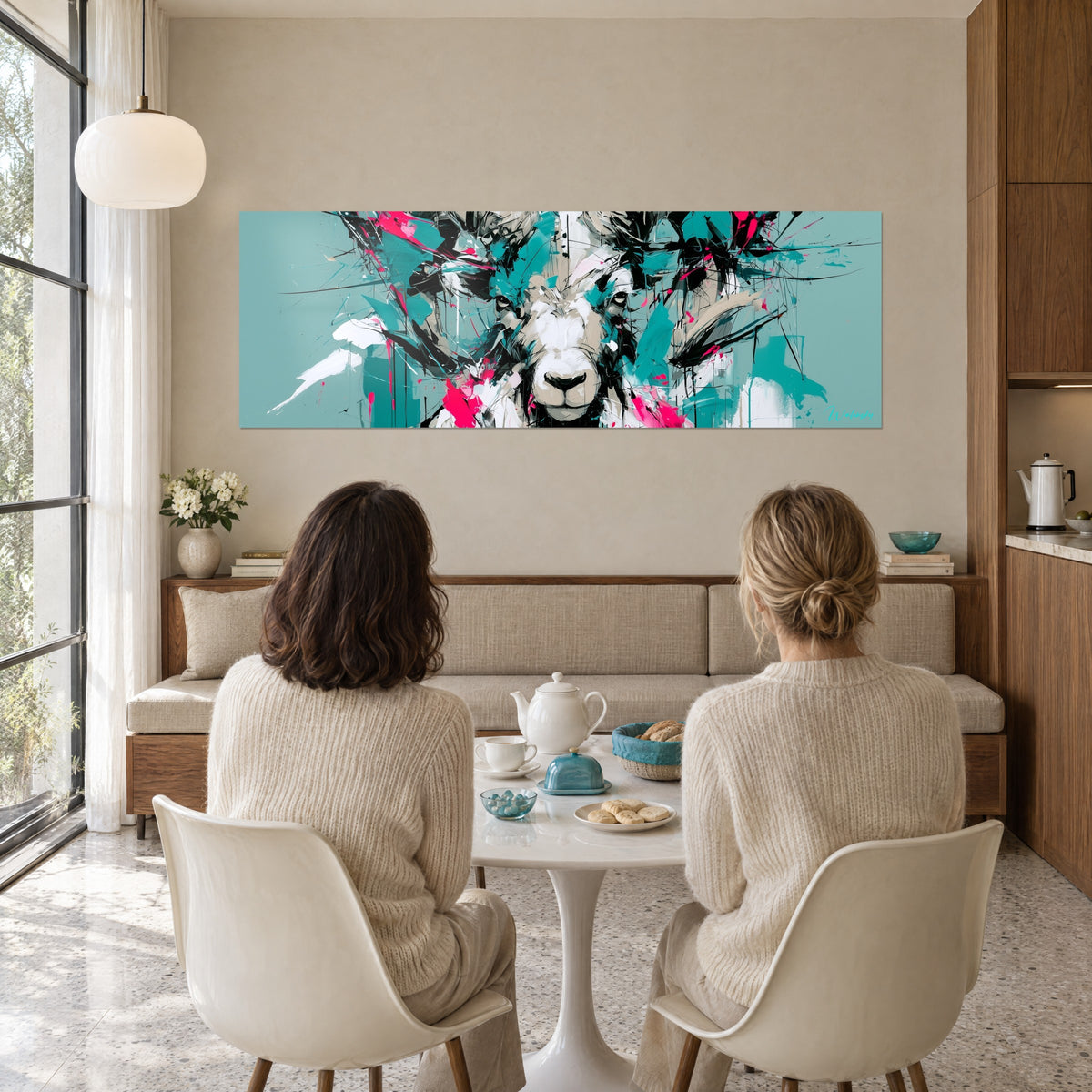 Tableau face de bélier crème, éclaboussures fuchsia vif et traînées blanches sur fond turquoise, deux femmes de dos prenant le thé dans un séjour boisé
