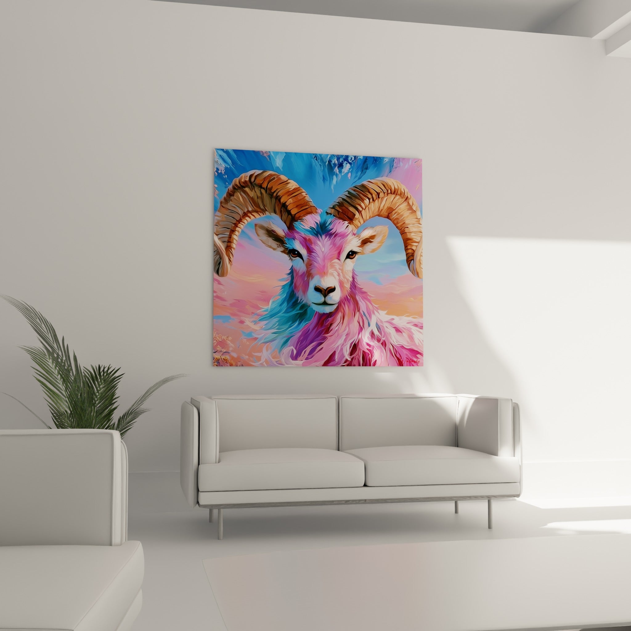 Regard sombre du Bélier entouré de bleu turquoise et rose pastel, au-dessus d'un canapé dans un salon lumineux
