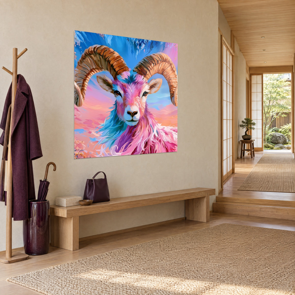 Schilderij moeflon met roze-blauwe manen en koperkleurige hoorns, perzik- en azuurblauwe lucht, opgehangen in een japandi-gang in driekwartaanzicht