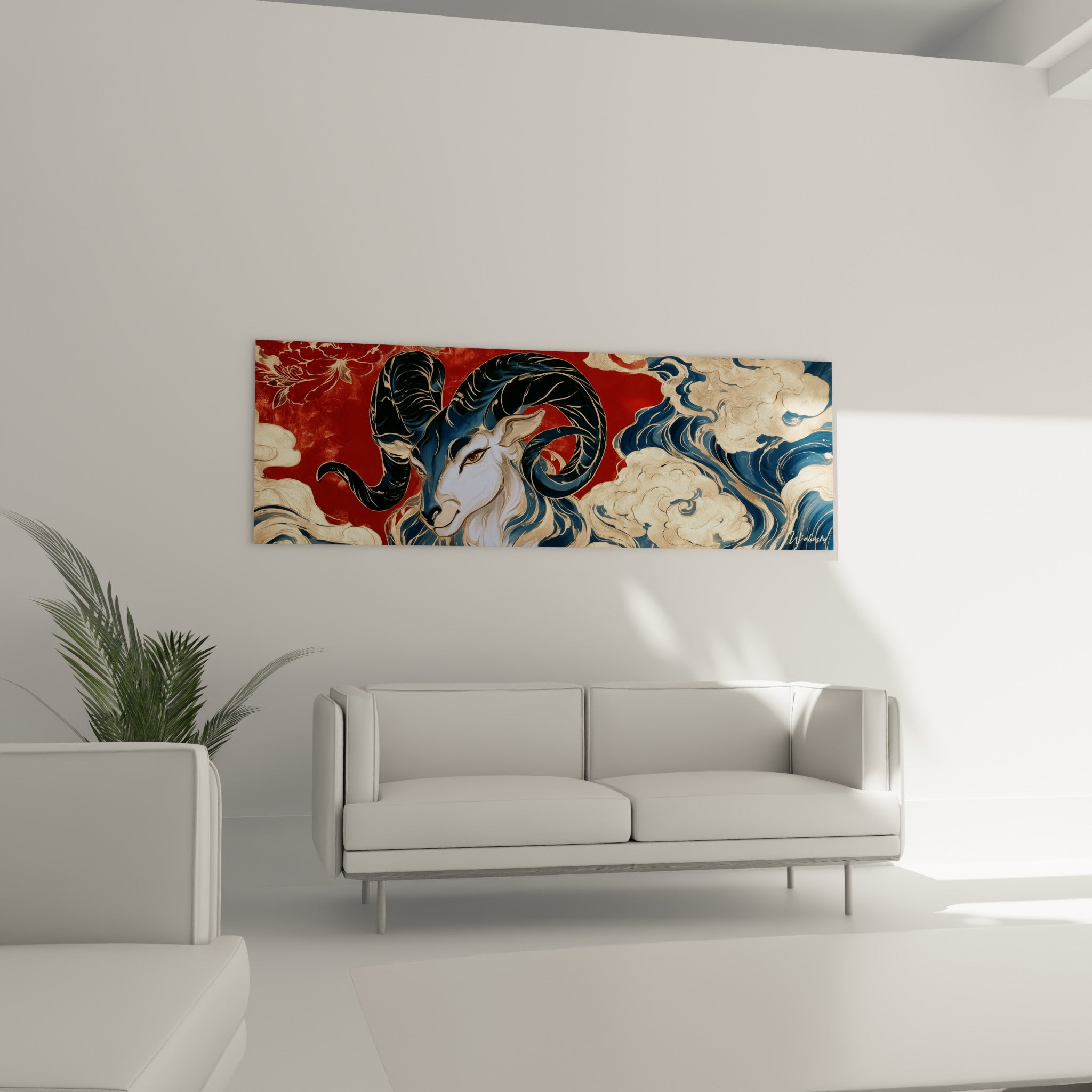 Vagues dorées et regard perçant du Bélier placé au-dessus d'un canapé dans un salon lumineux