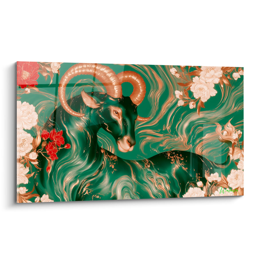 Tableau Bélier vert émeraude cornes dorées fleuries - Songe floral doré - Edition Bélier