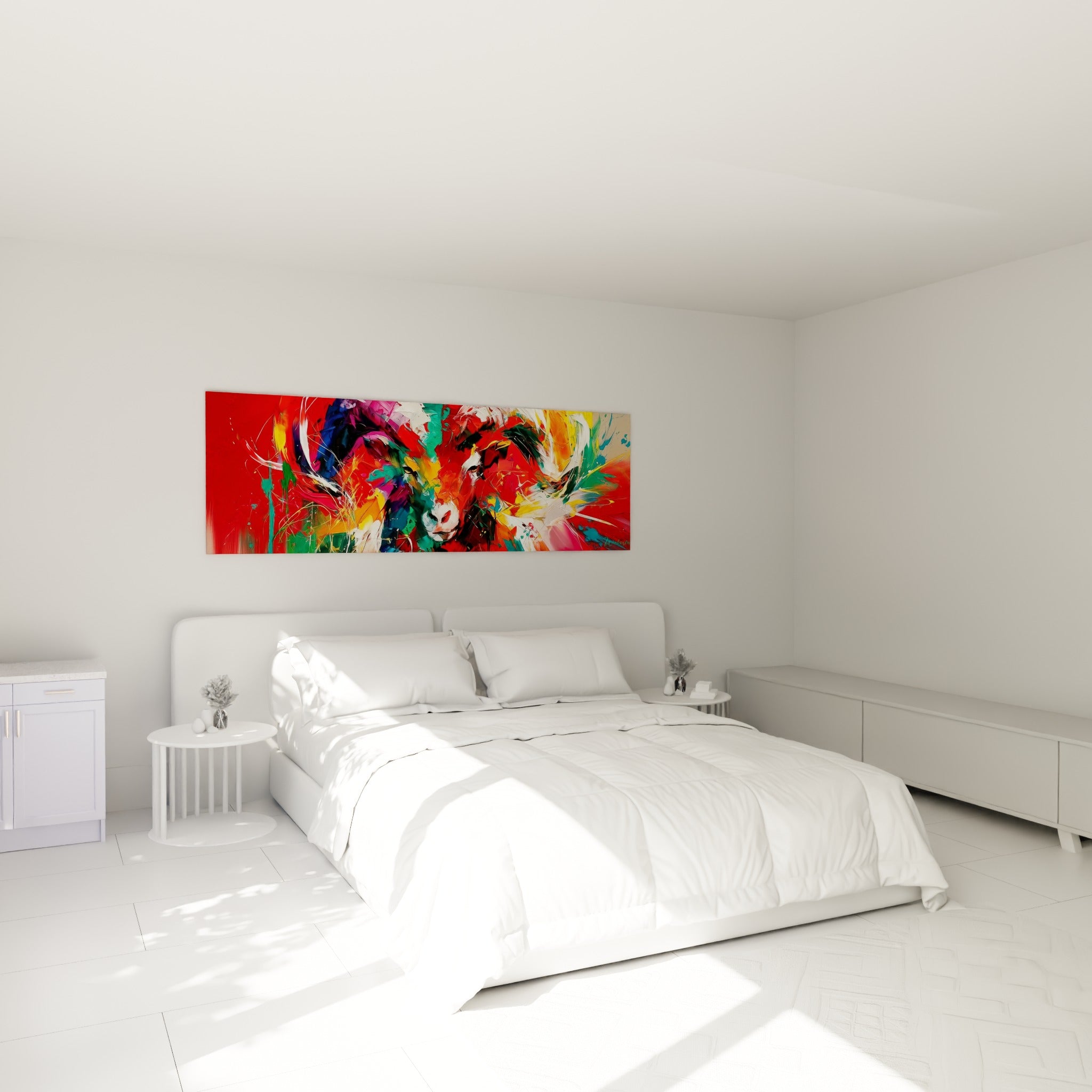 Cornes blanches et museau rose du Bélier surplombant un lit dans une chambre claire