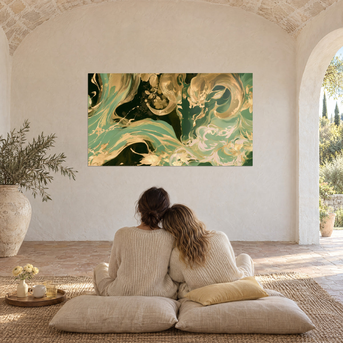 Wall art eddies of sage green and gold splashed with powdery pink, in front of a couple cuddled up on cushions in a farmhouse