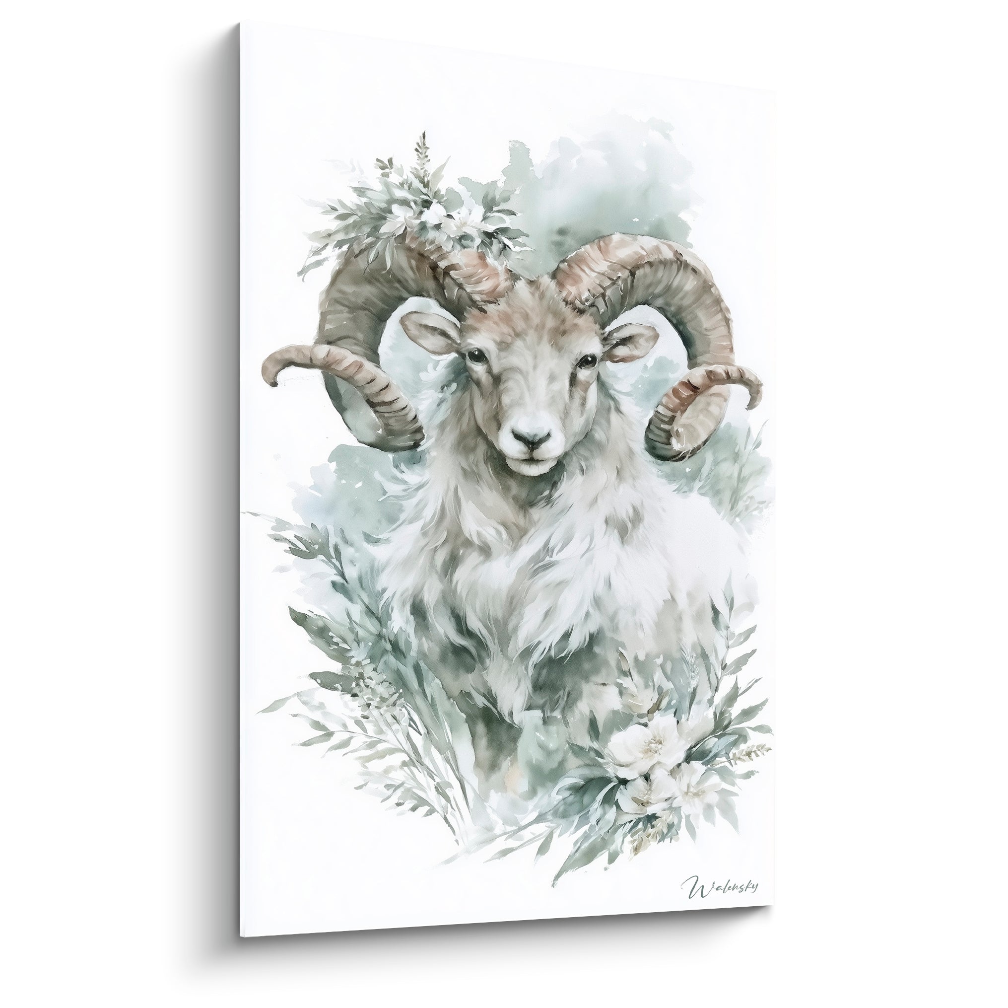 Bélier aux cornes brunes en spirale, fourrure blanche et couronne florale sur fond vert sauge aquarelle