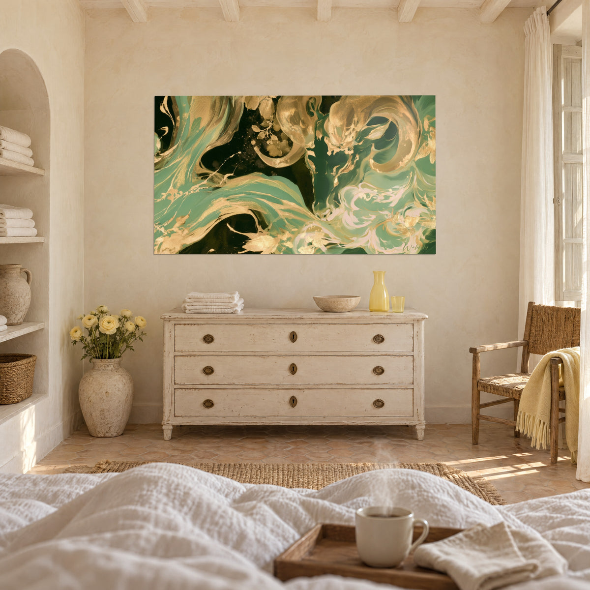 Wall art ornamental ram's head, gold and sage green brushstrokes on black, above a bed in a bright bedroom